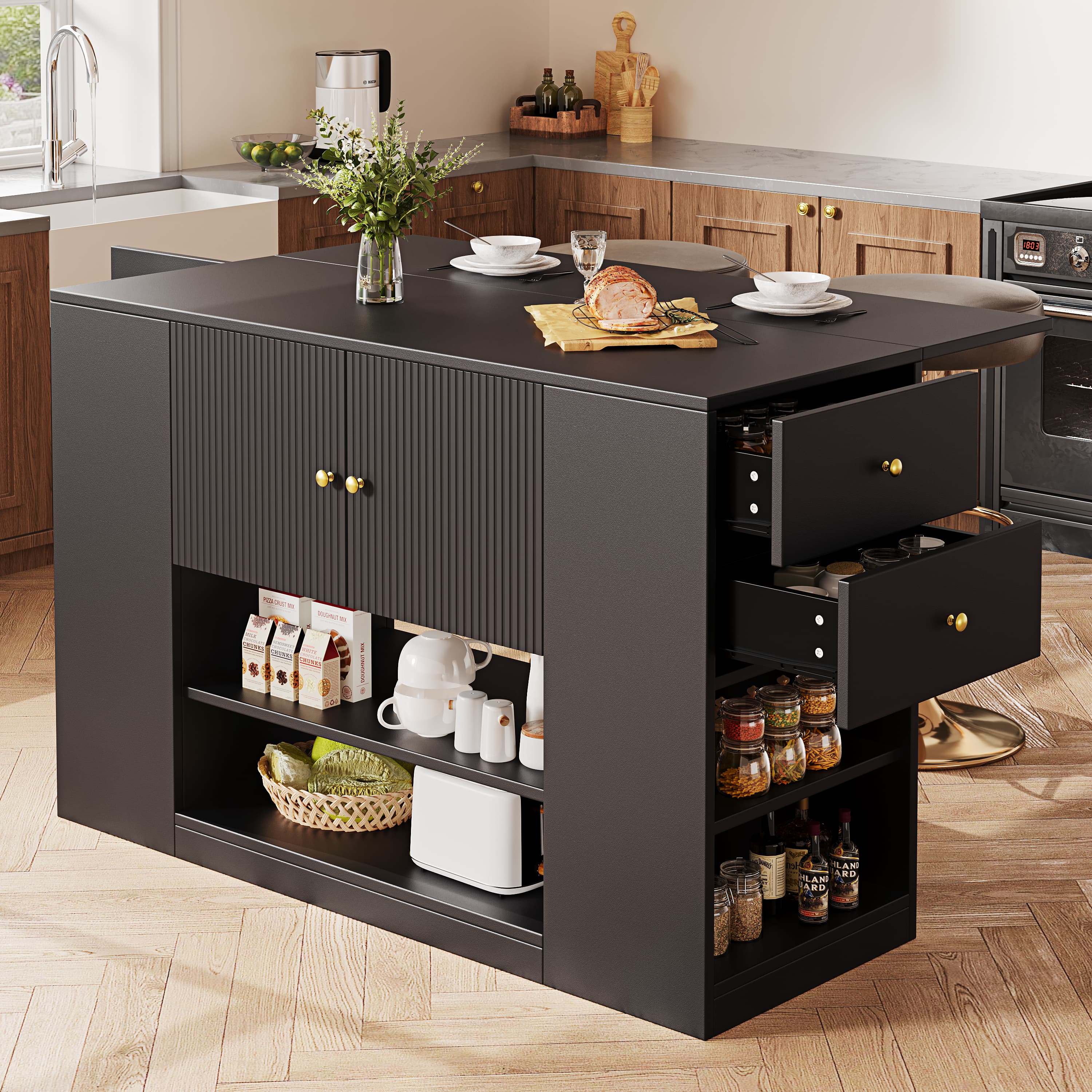 Multifunctional Black Kitchen Island with Extendable Dining Table
