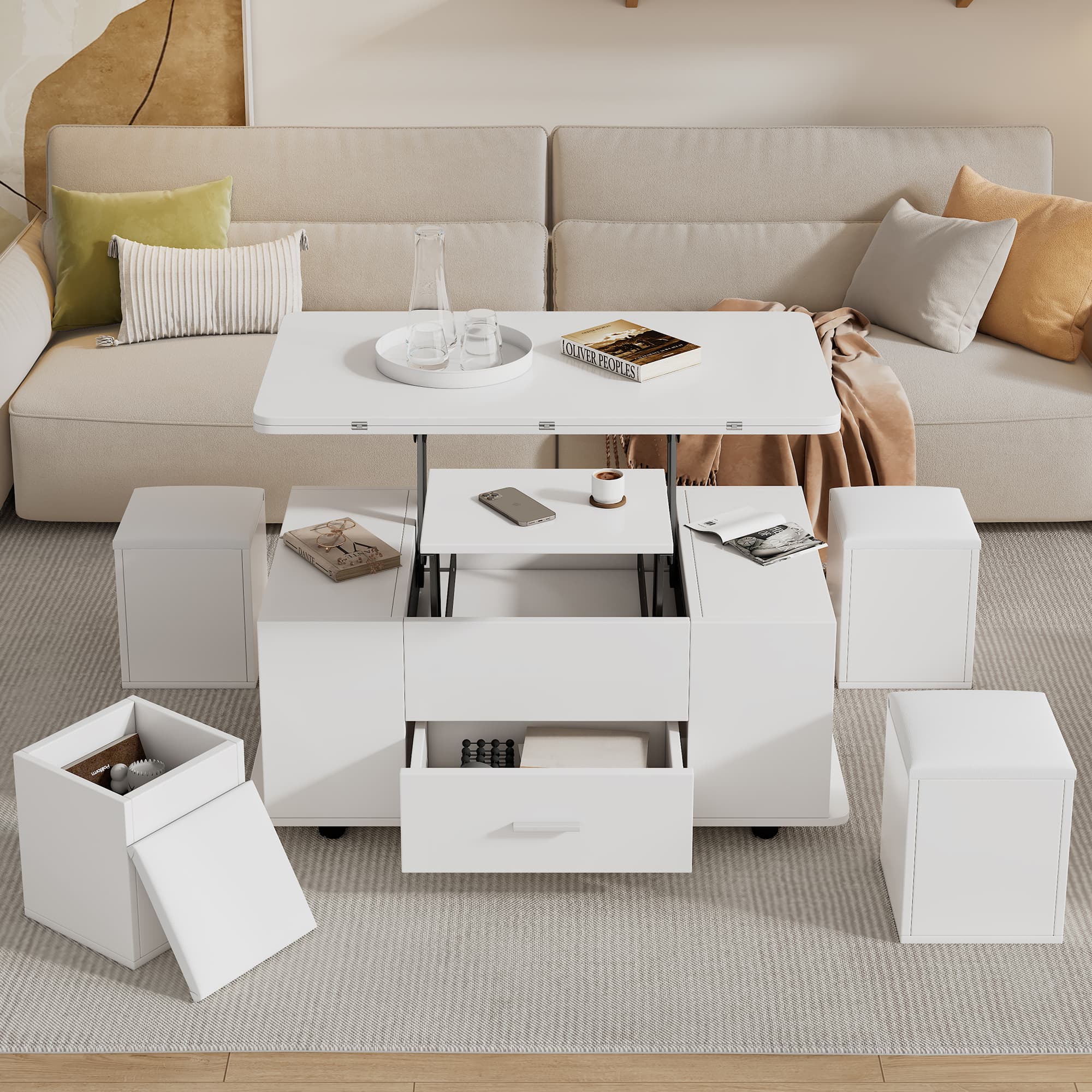 White Transforming Coffee Table with Wheels, Storage & 4 Stools - White
