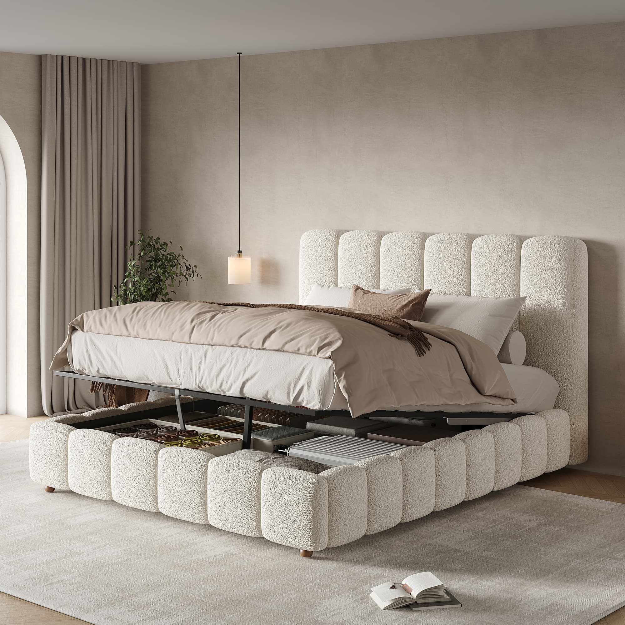 Upholstered Double Ottoman Bed with Headboard in White Bouclé - White