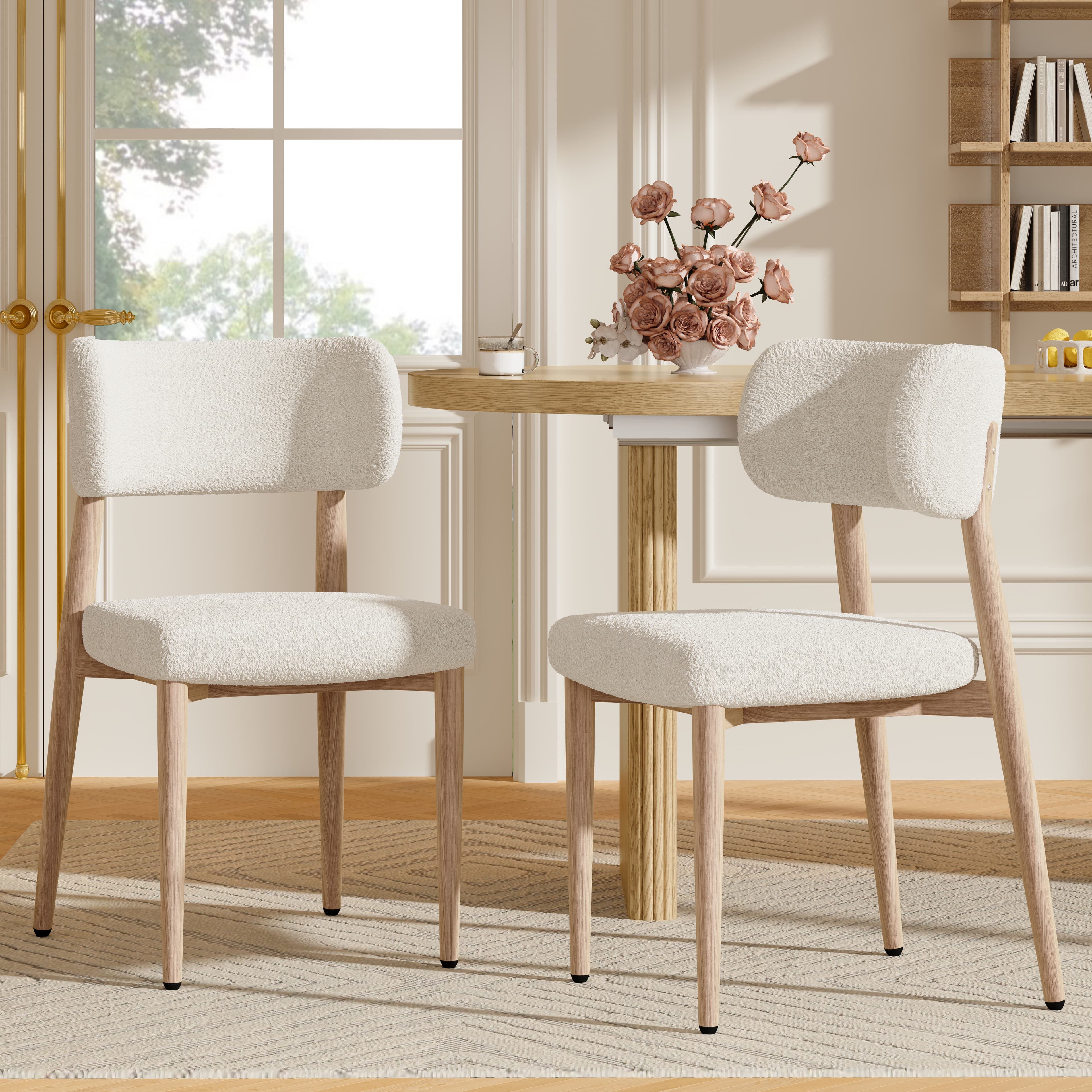 Pair of Upholstered Boucle Dining Chairs with Wood-Effect Legs - Natural