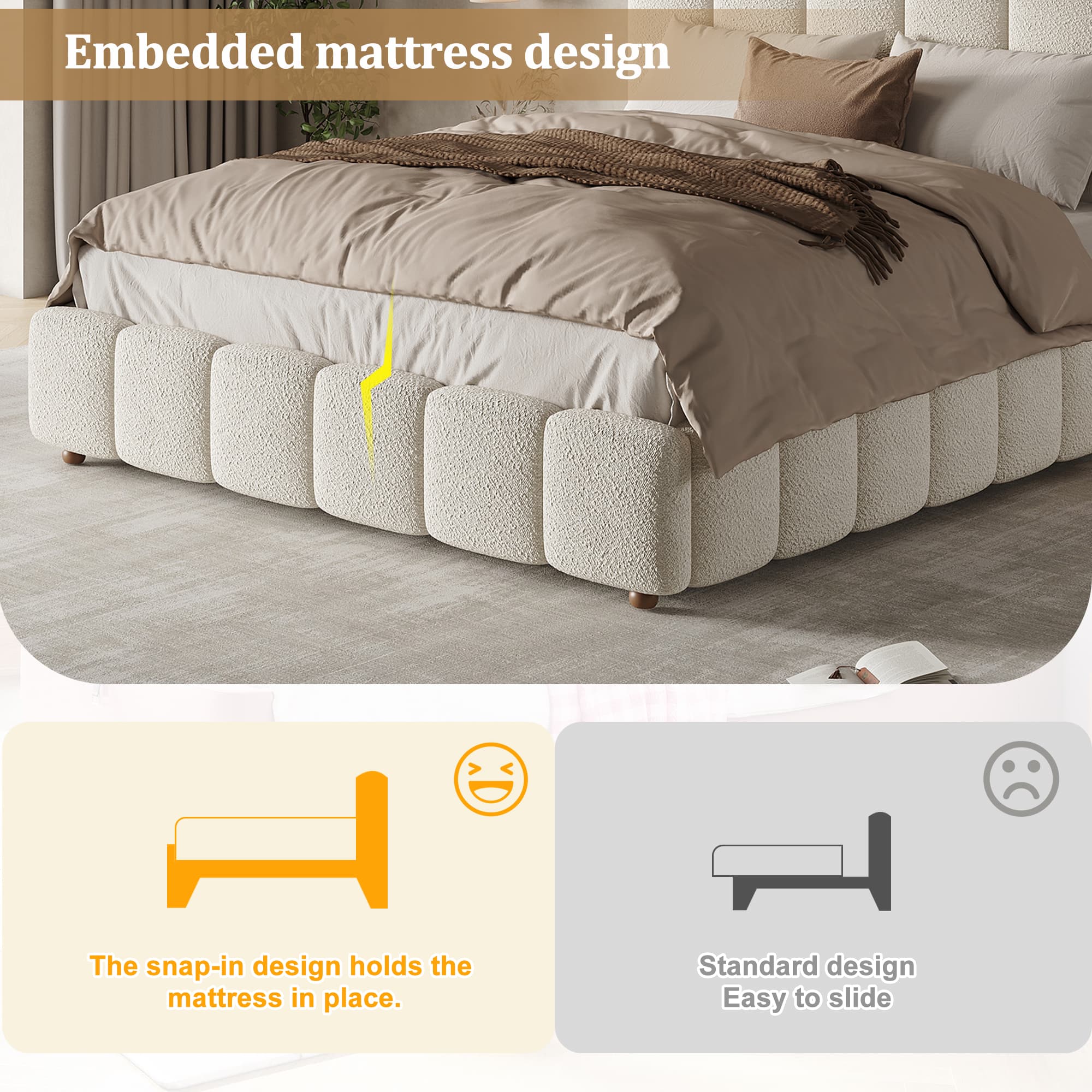 Upholstered Double Ottoman Bed with Headboard in White Bouclé - image 2