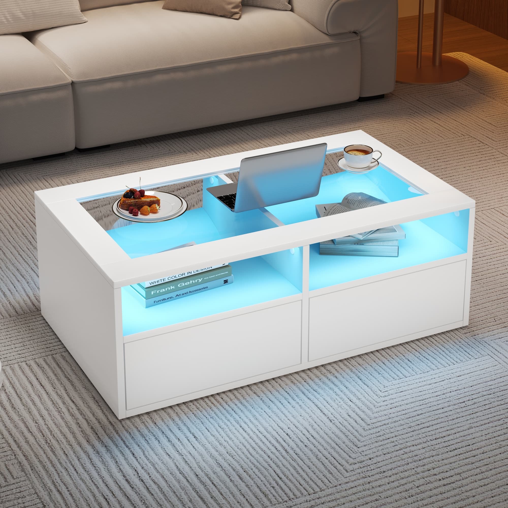White Coffee Table with App-Controlled LED Lights and Storage - image 1