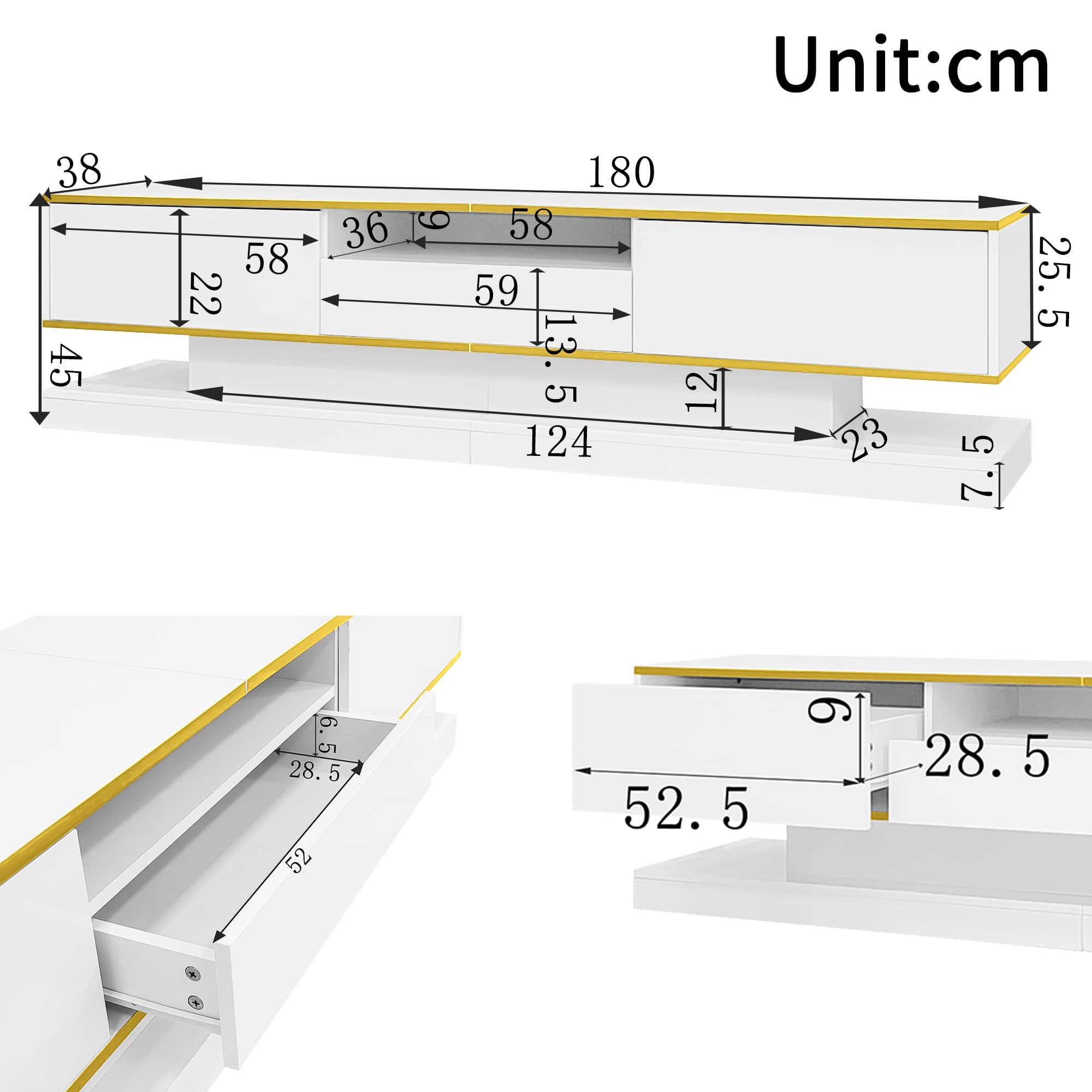 White High Gloss TV Unit with Colour-Changing LEDs & Gold Trim - image 3