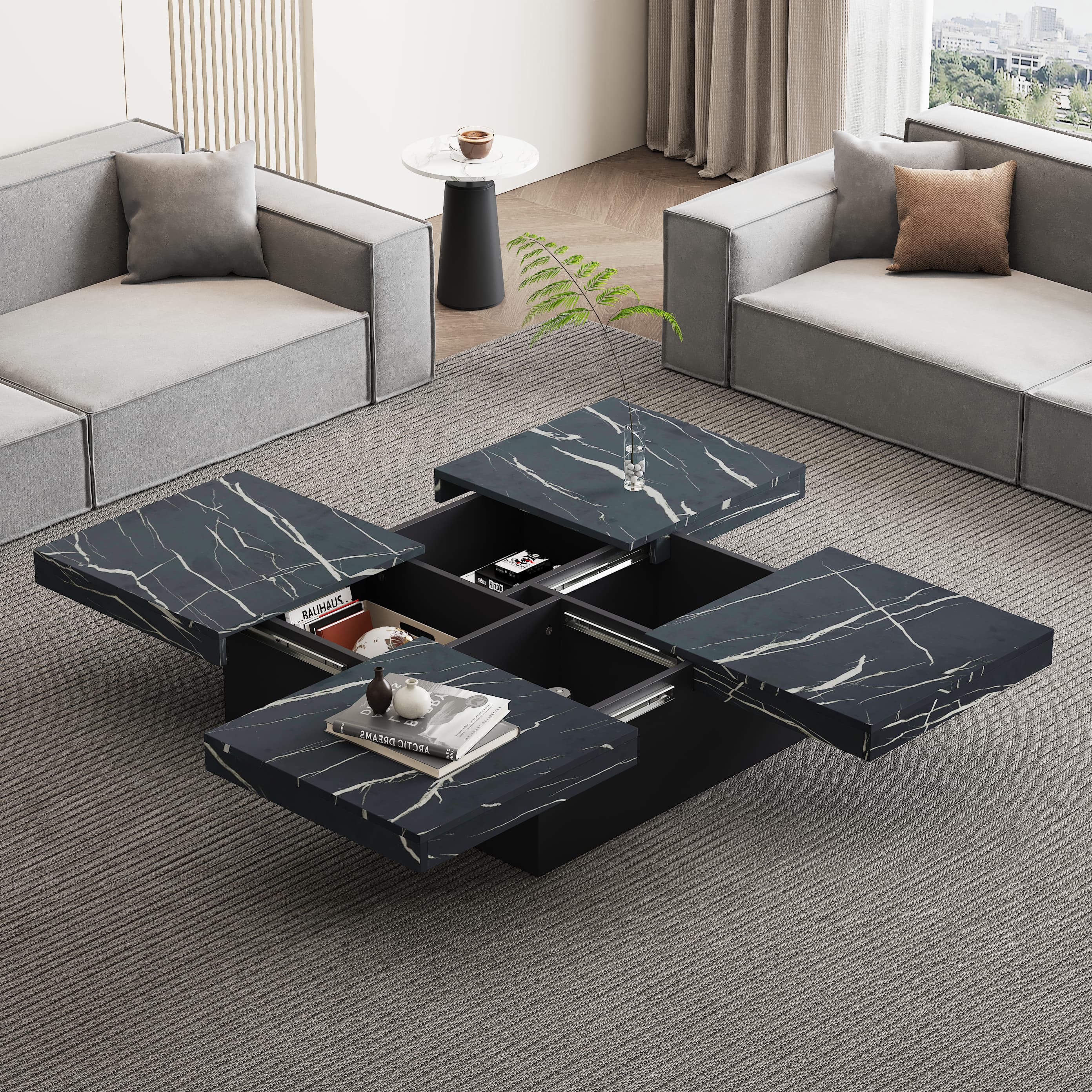 Modern Square Coffee Table with Faux Marble Top and Hidden Storage - image 4