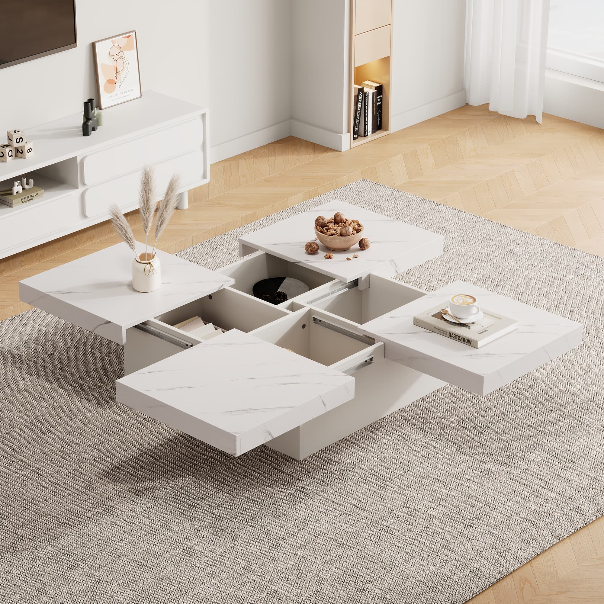 Modern White Marble-Effect Coffee Table with Sliding Top Storage - White