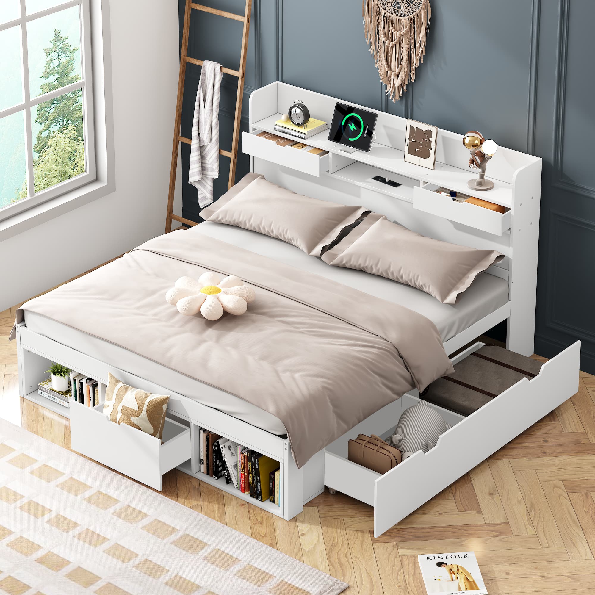 Functional Double Bed with Drawers, Shelves and USB Charging