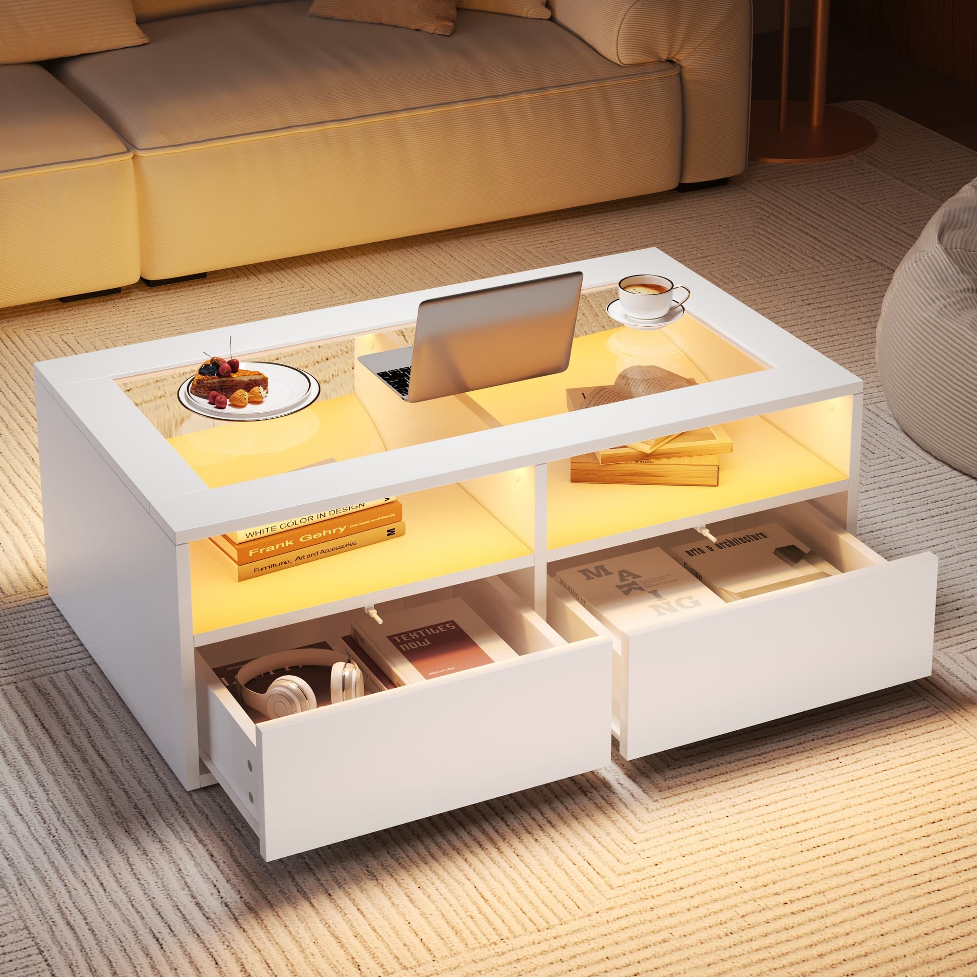 White Coffee Table with App-Controlled LED Lights and Storage - White