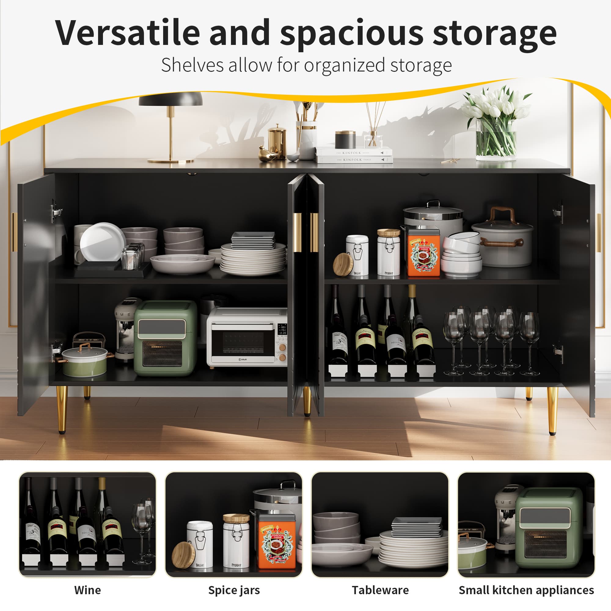 Black Sideboard with Gold Handles and Legs - image 4