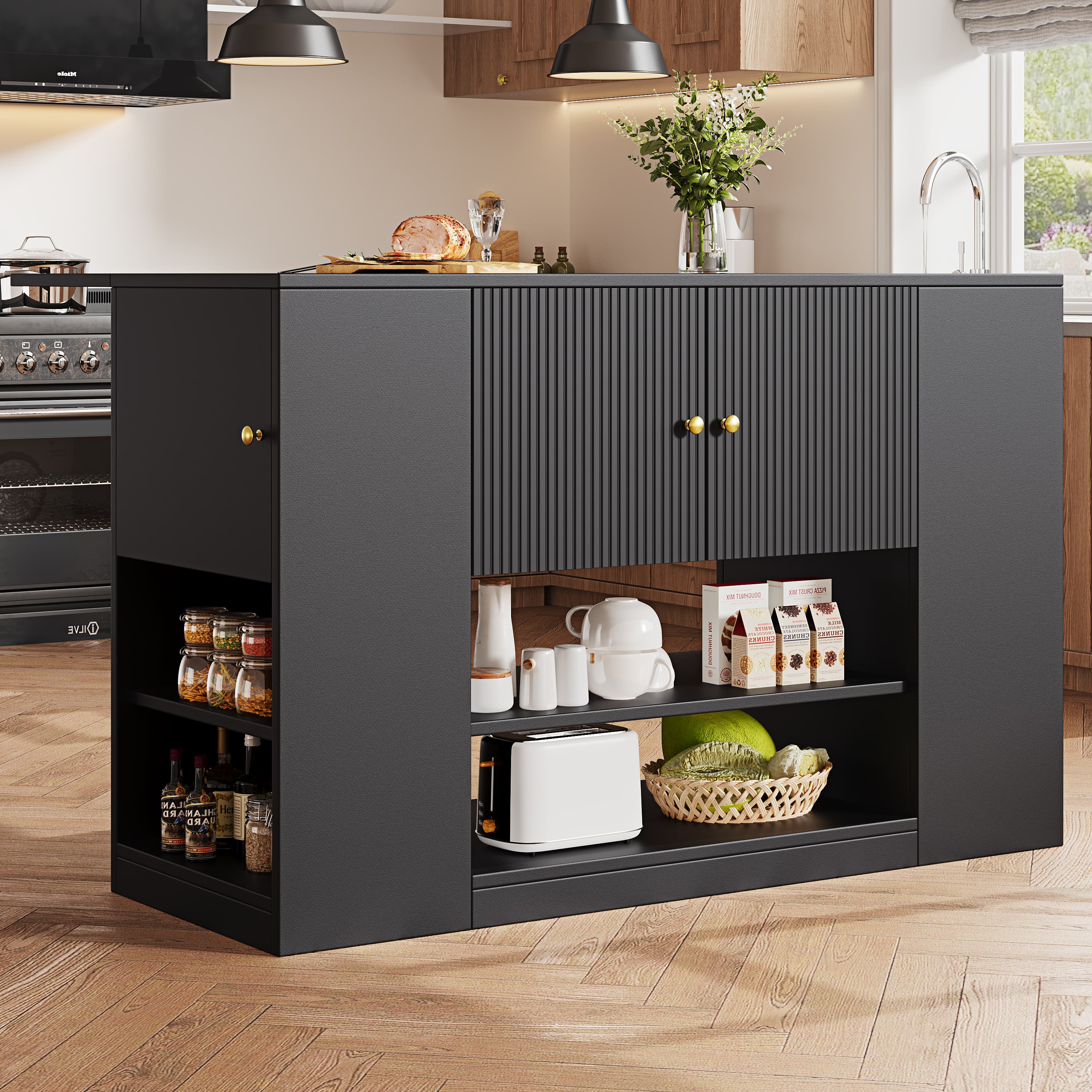Multifunctional Black Kitchen Island with Extendable Dining Table - image 3