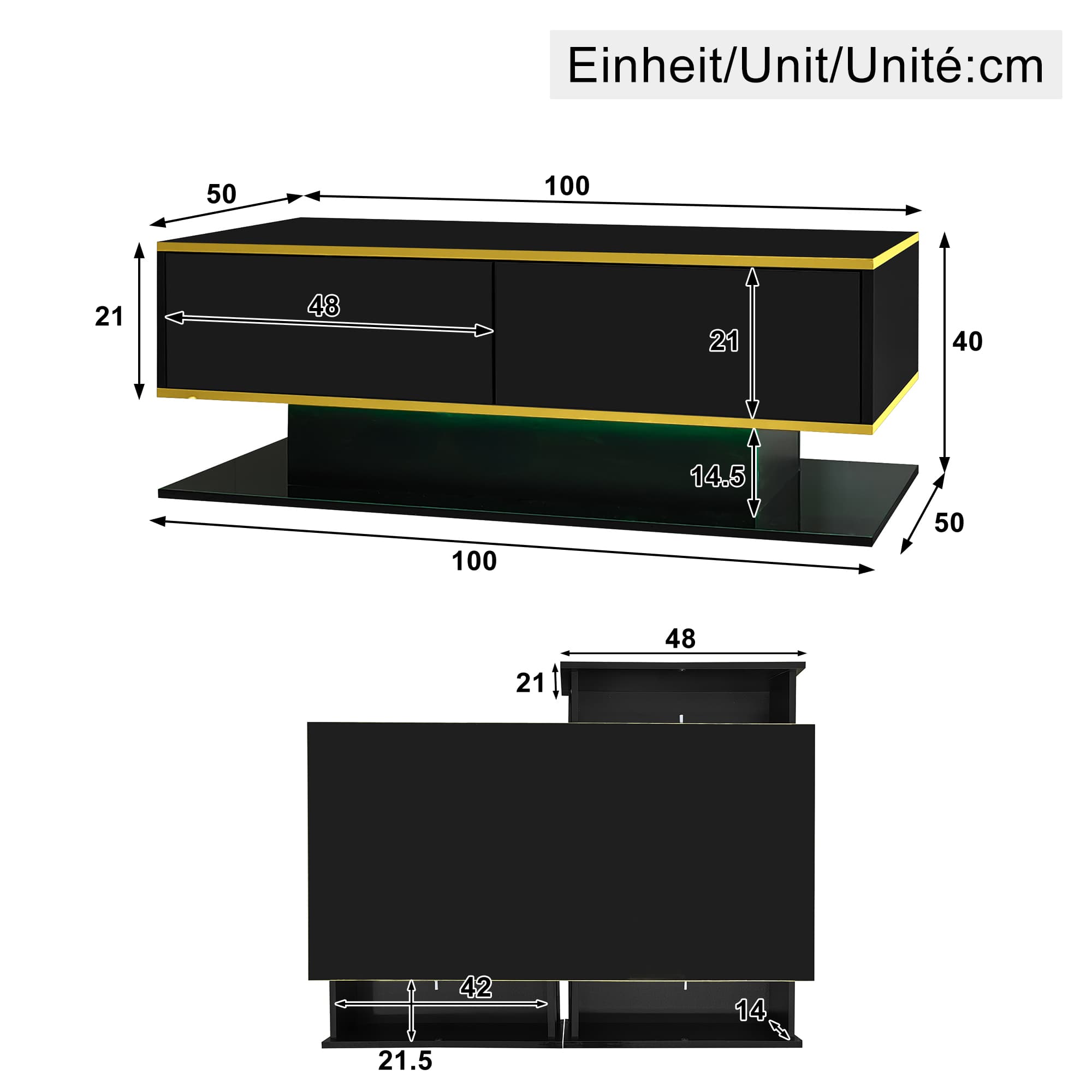 High Gloss LED Coffee Table in Black with Gold Accents and Storage - image 5