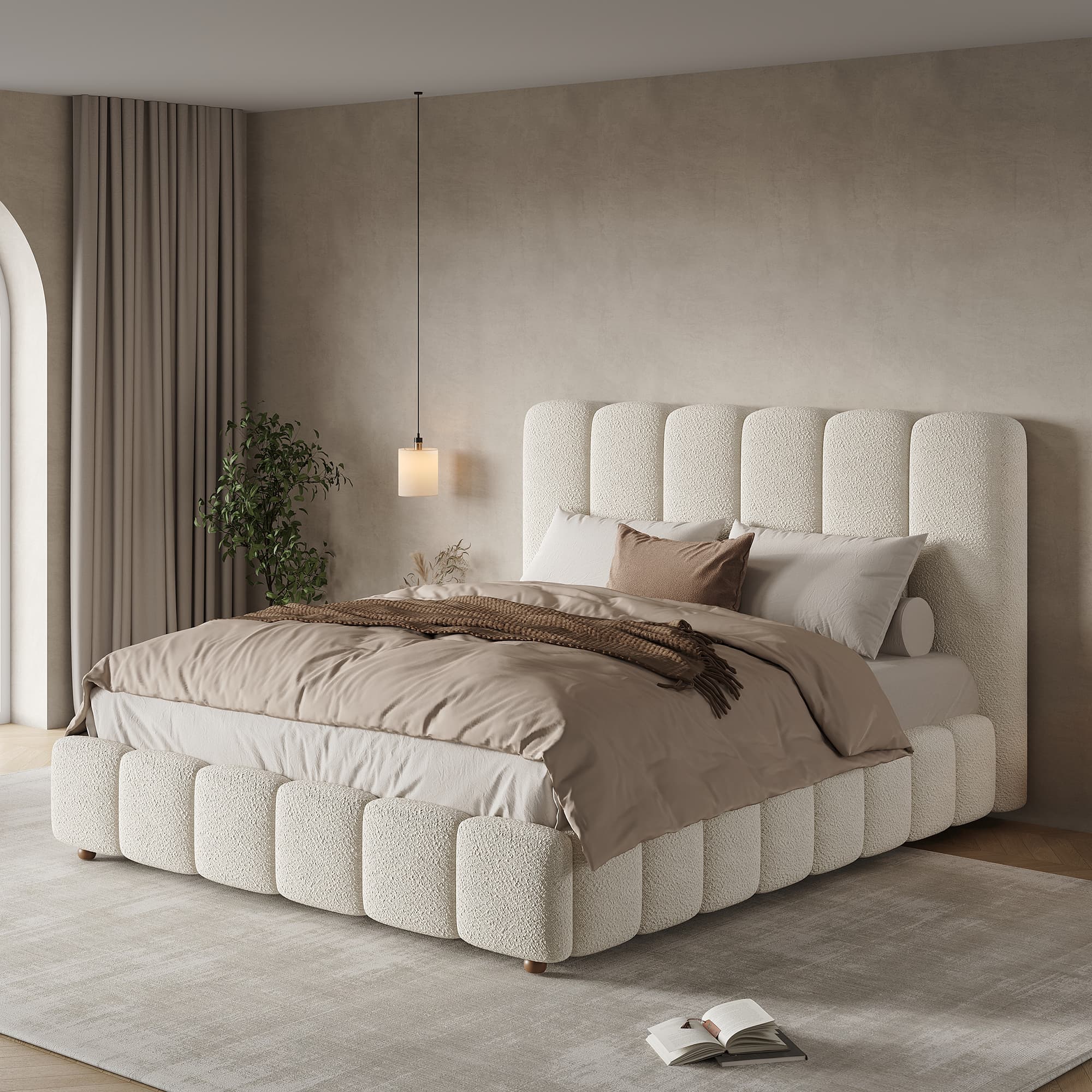 Upholstered Double Ottoman Bed with Headboard in White Bouclé - image 1