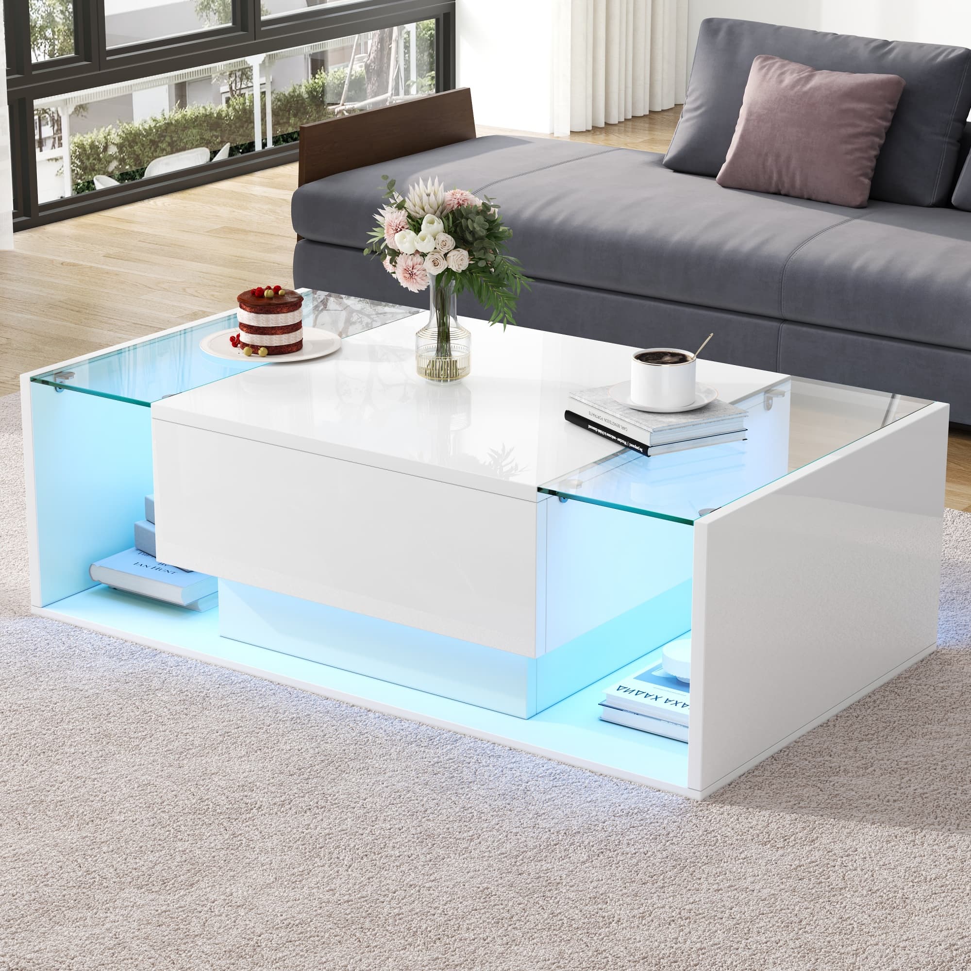 Modern High Gloss White Coffee Table with App-Controlled LEDs - image 3