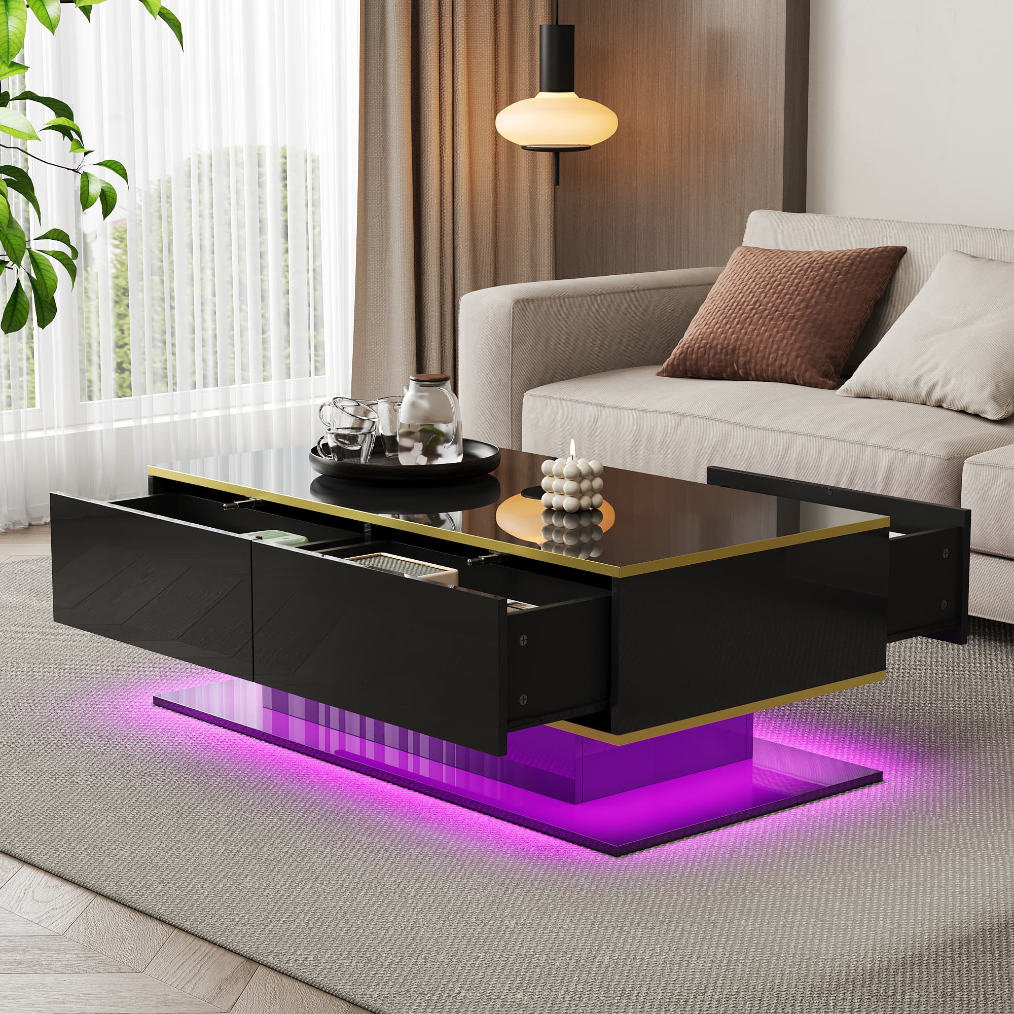 High Gloss LED Coffee Table in Black with Gold Accents and Storage - image 1