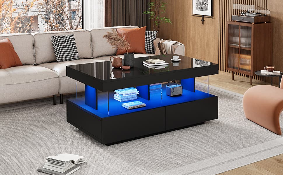 Modern High Gloss Black Coffee Table with LED Lighting and Storage - image 5