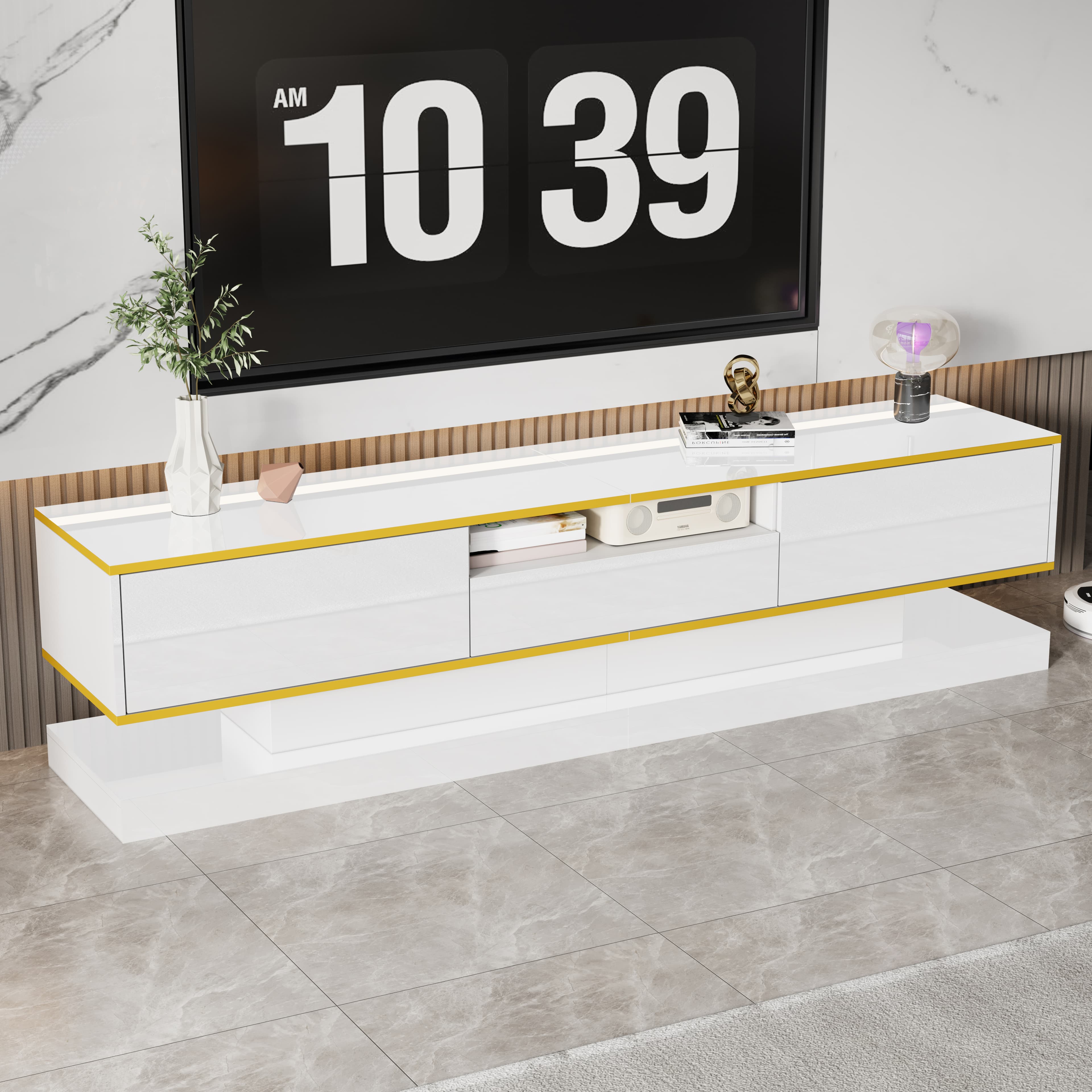 White High Gloss TV Unit with Colour-Changing LEDs & Gold Trim - image 5