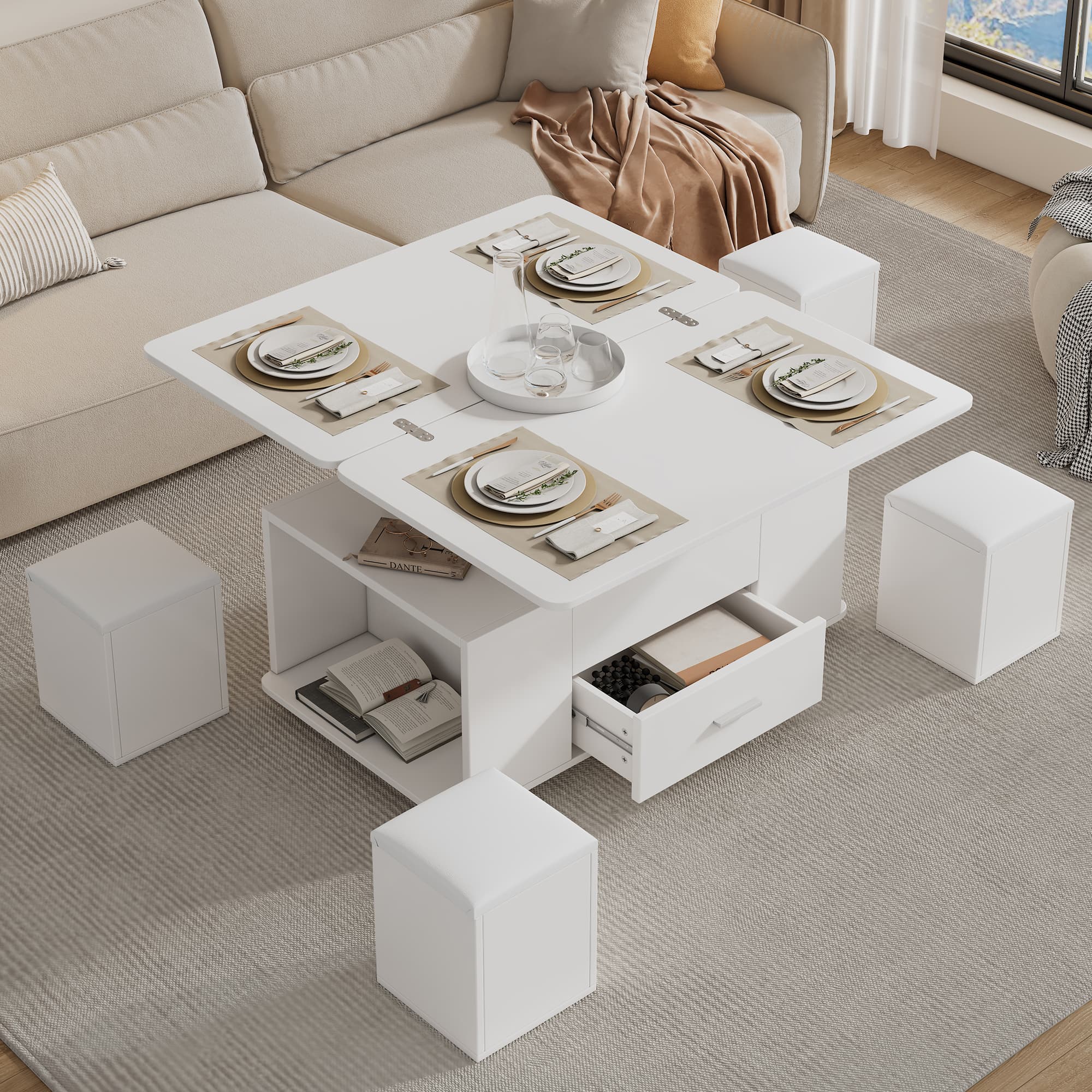 White Transforming Coffee Table with Wheels, Storage & 4 Stools - image 3