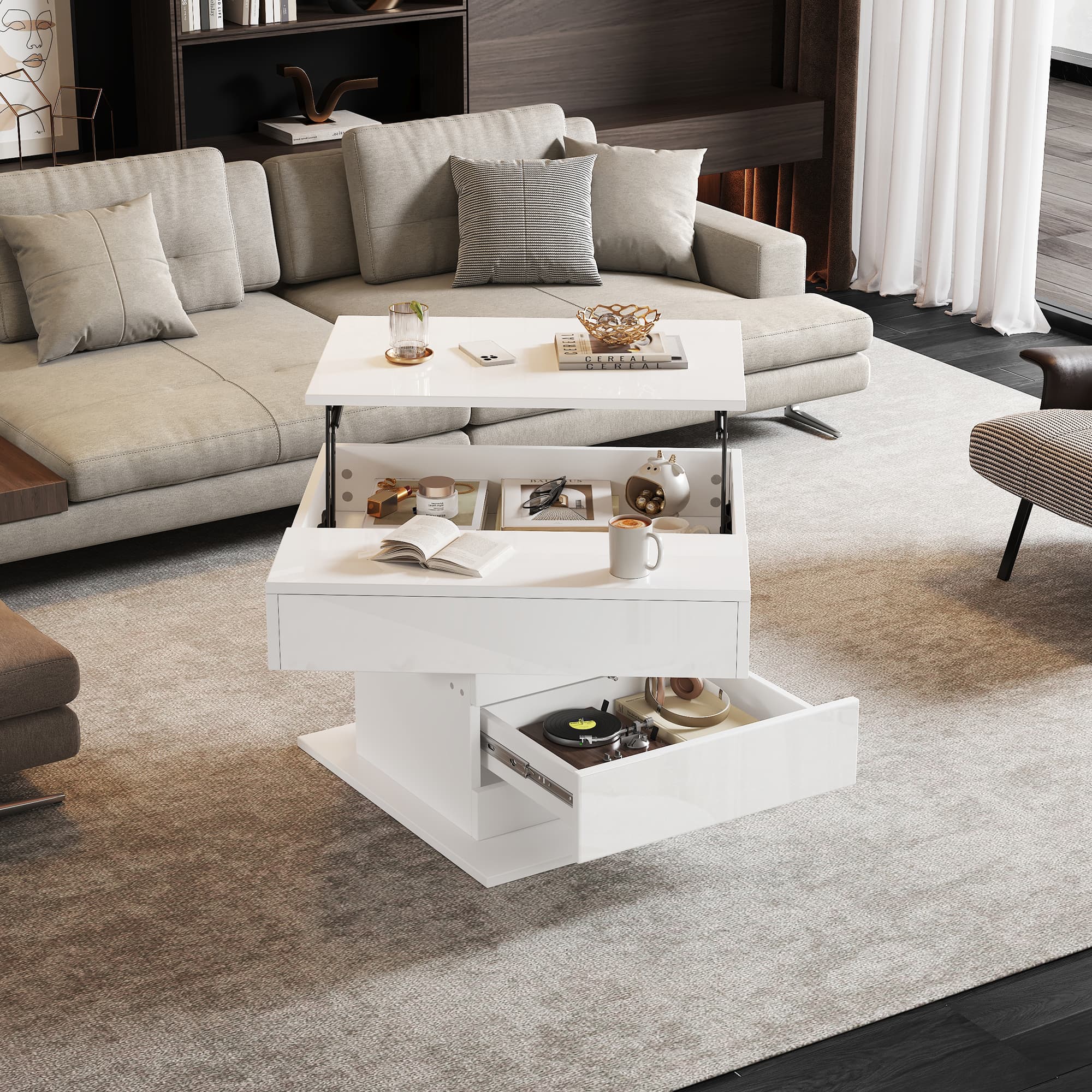 Modern 360° Rotating & Lift-Top Coffee Table, White Gloss