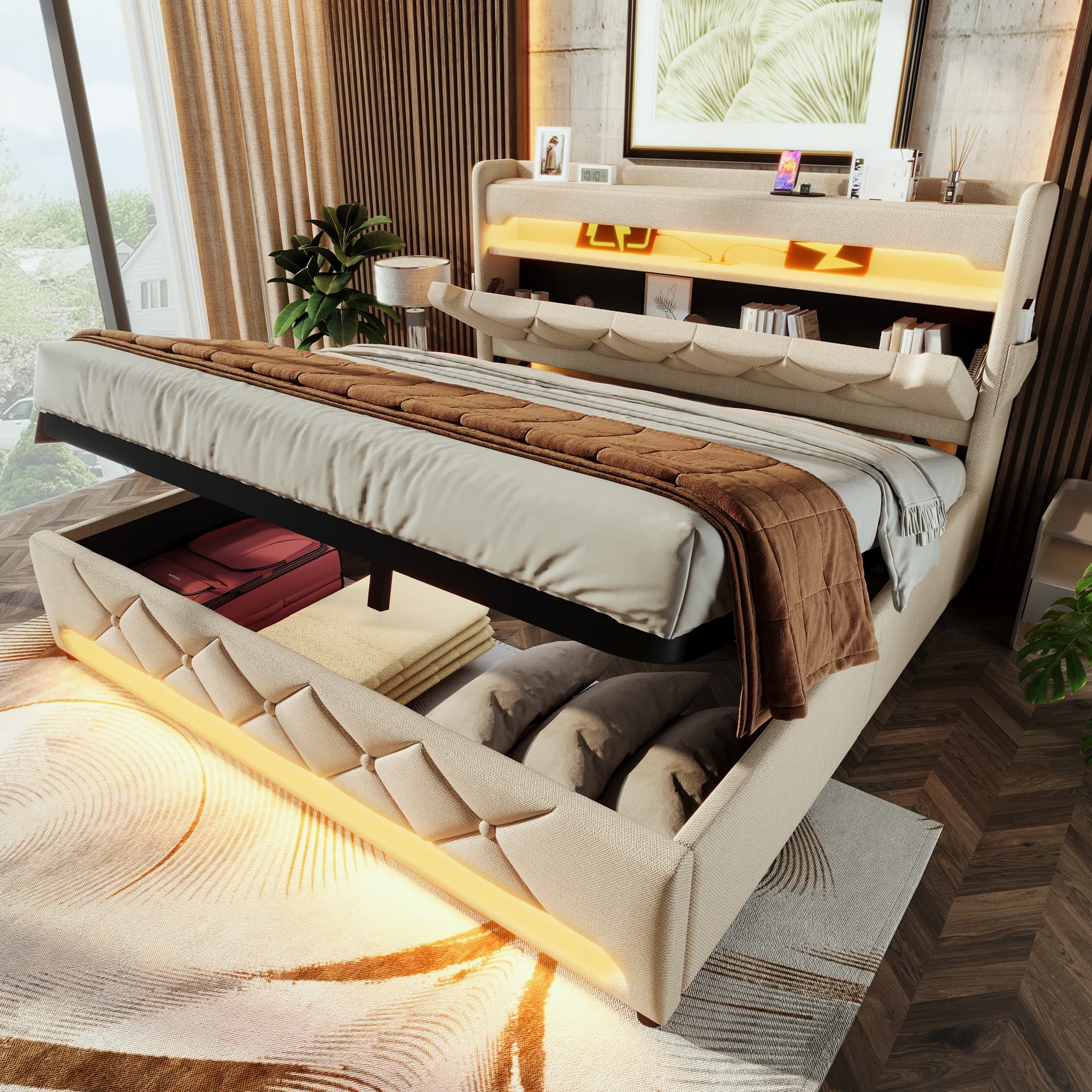 Beige Linen Double Bed Frame with Ottoman Storage & LED Headboard