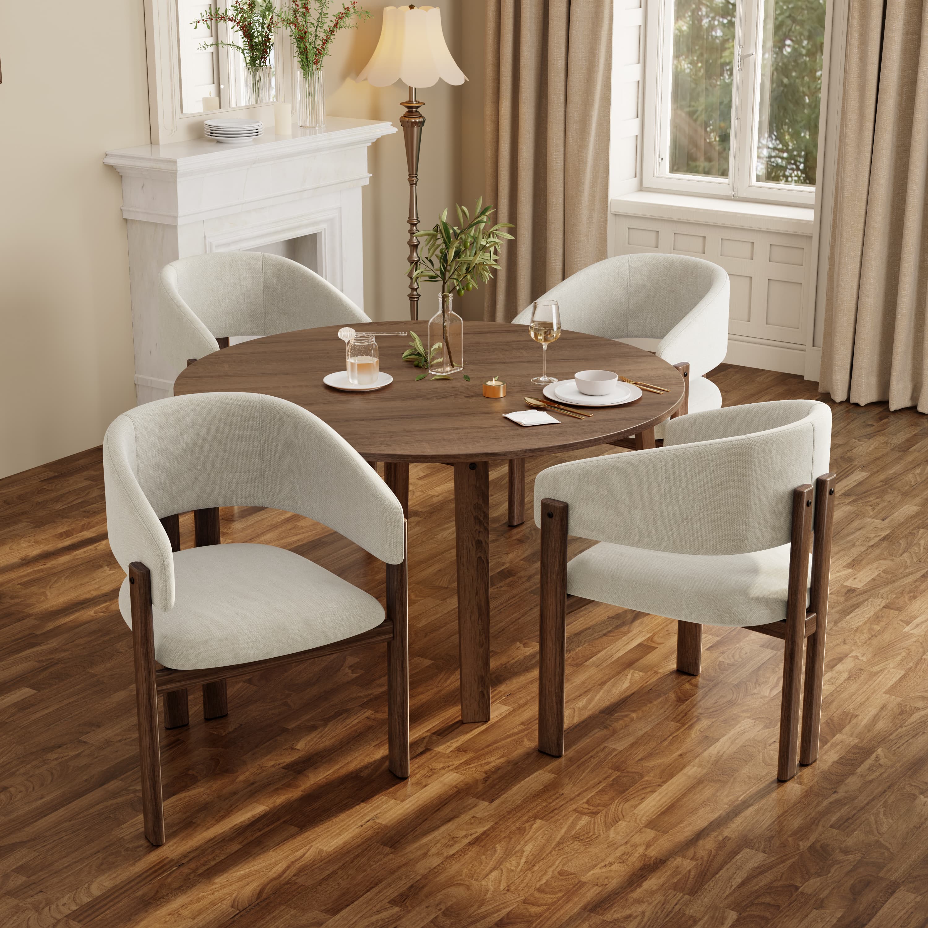 Set of 4 Upholstered Dining Chairs in Beige Linen & Walnut-Effect
