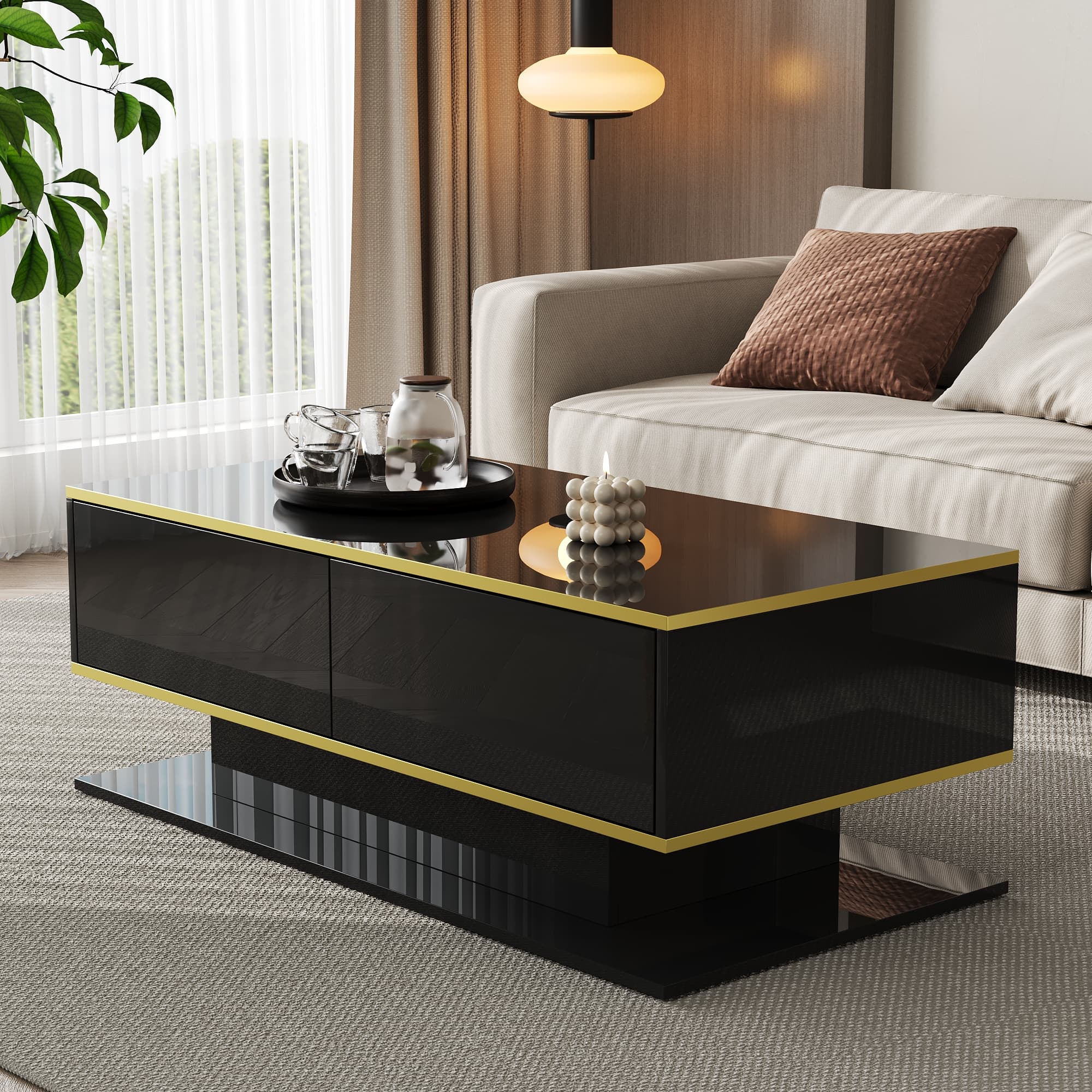High Gloss LED Coffee Table in Black with Gold Accents and Storage - image 3