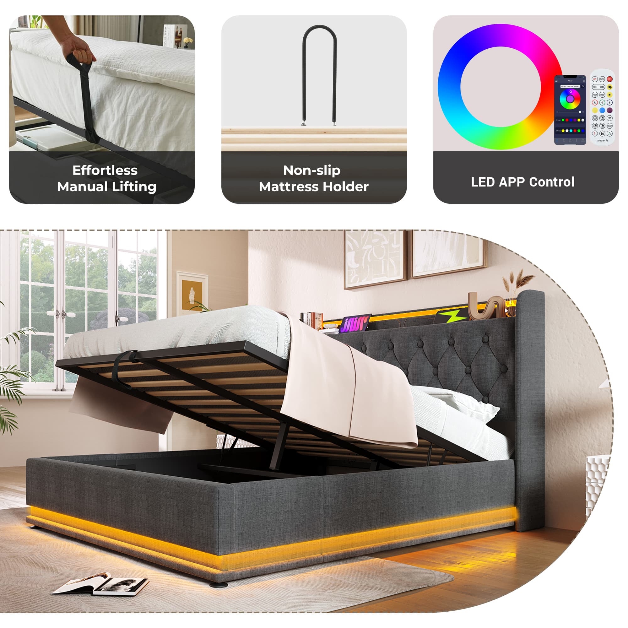 Upholstered Double Ottoman Bed with 360° LED Lights & Under-Bed Storage - image 2