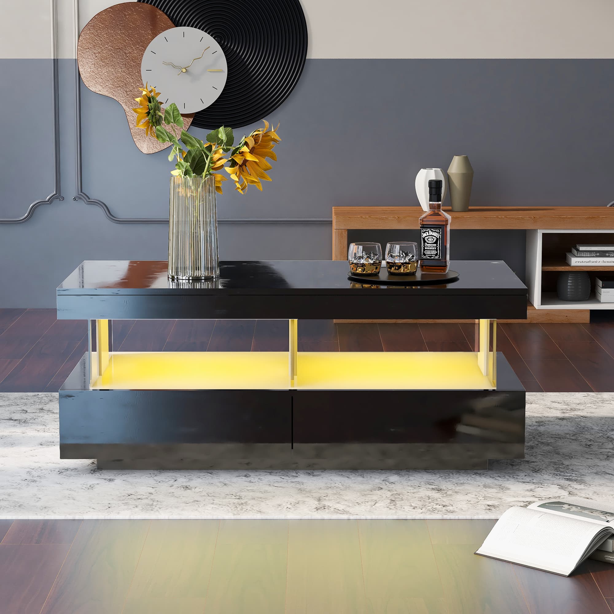 Modern High Gloss Black Coffee Table with LED Lighting and Storage - image 2