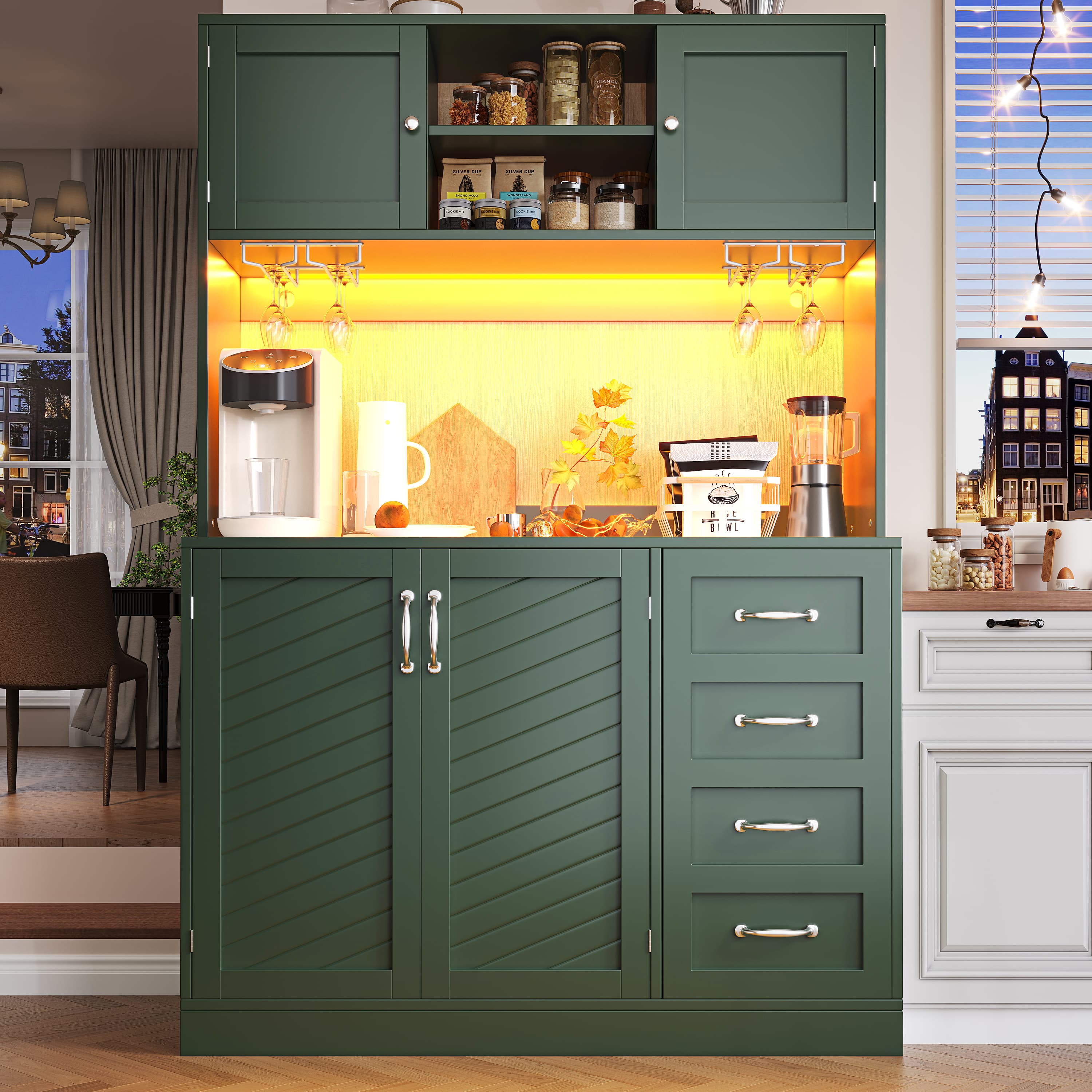Tall Sideboard Cabinet with LED Lighting, Green and White - image 4