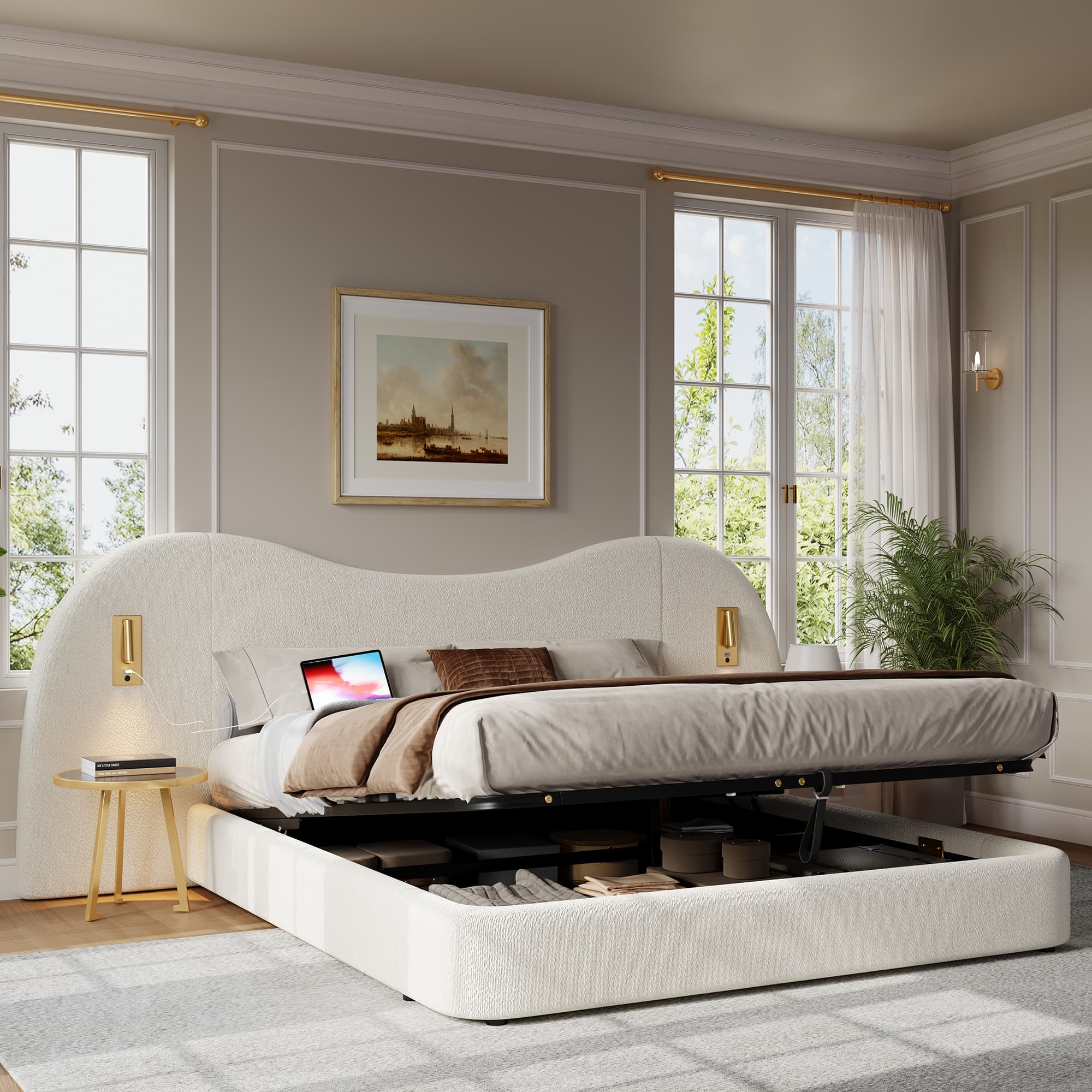 Super King Upholstered Ottoman Bed in White Bouclé (180x200cm) - White