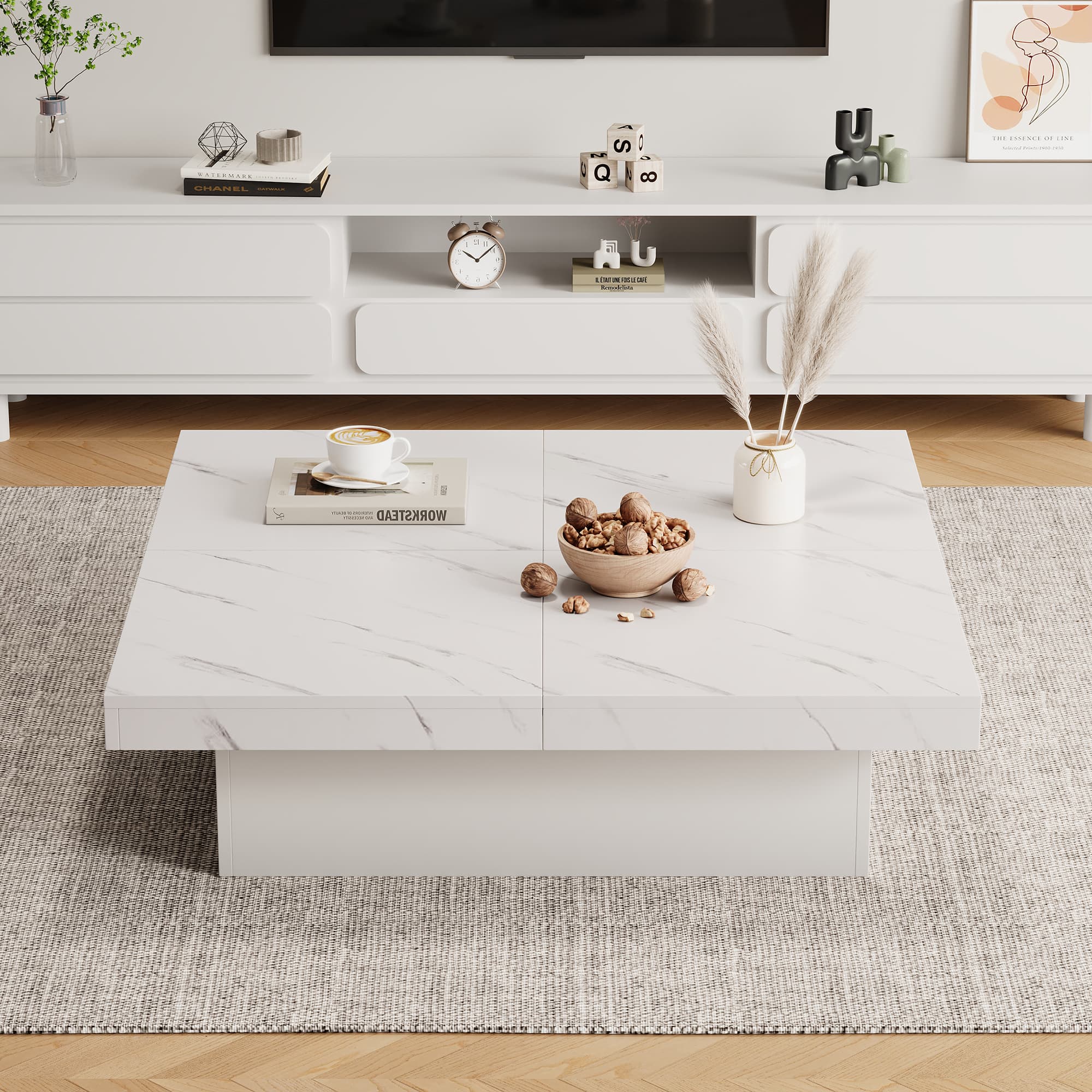 Modern White Marble-Effect Coffee Table with Sliding Top Storage - image 1