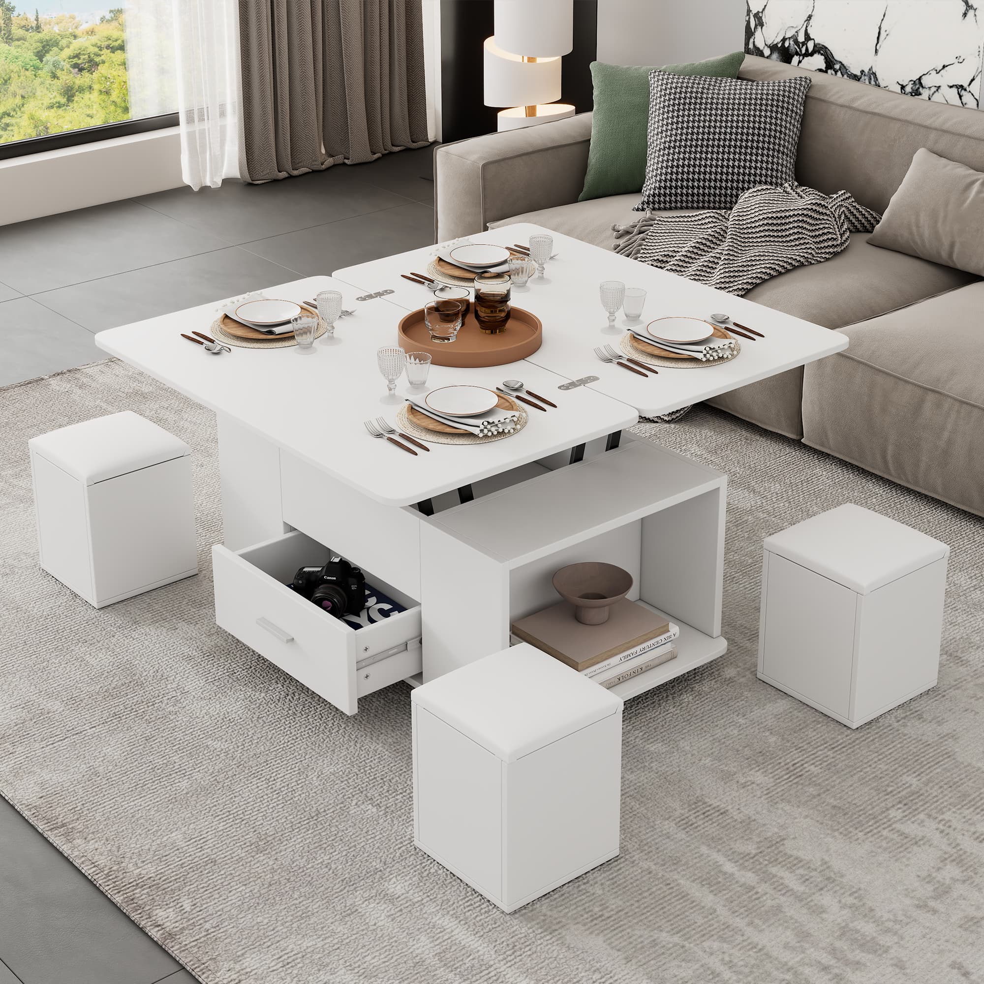 White Transforming Coffee Table with Wheels, Storage & 4 Stools - image 4