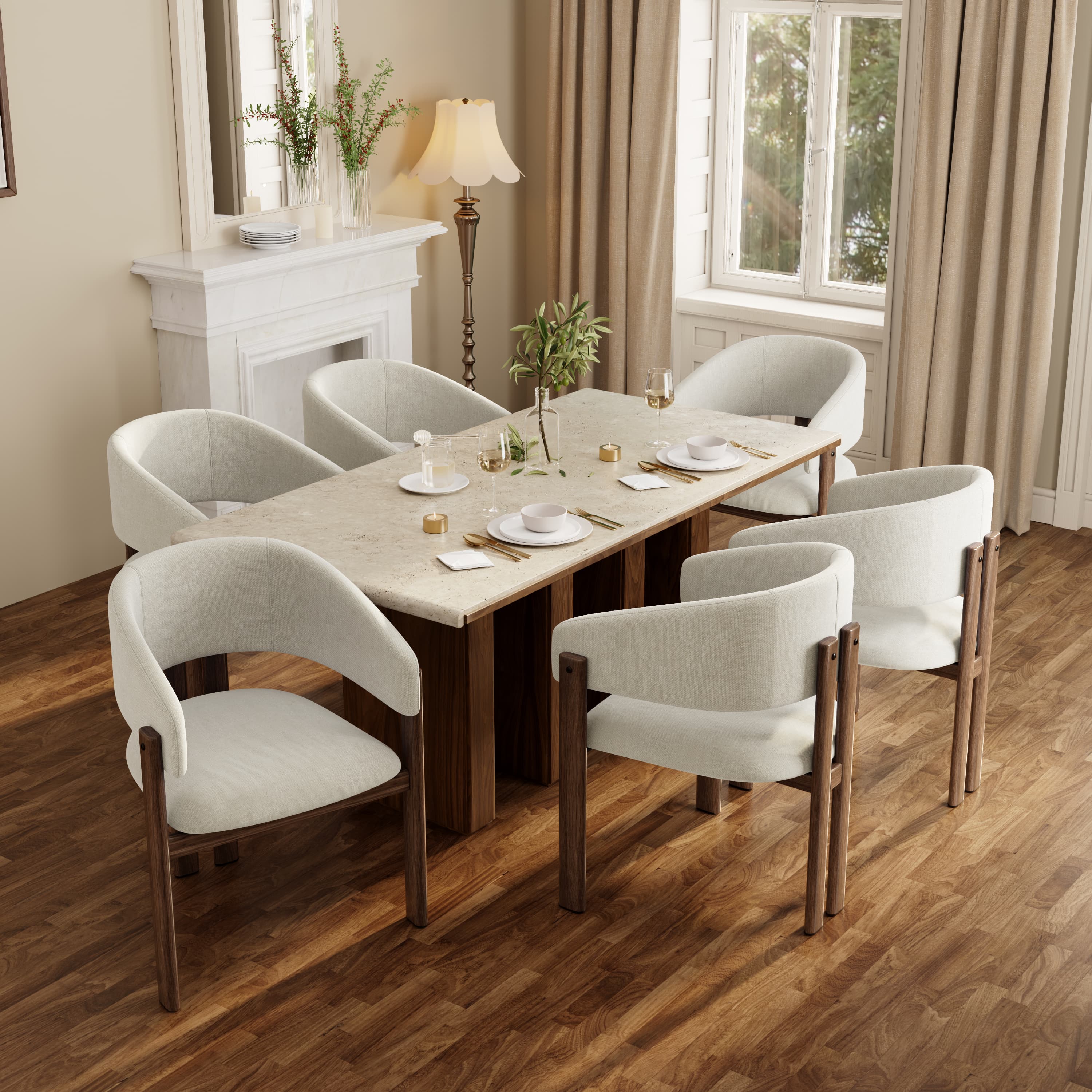 Set of 6 Upholstered Linen Dining Chairs with Walnut-Finish Frame