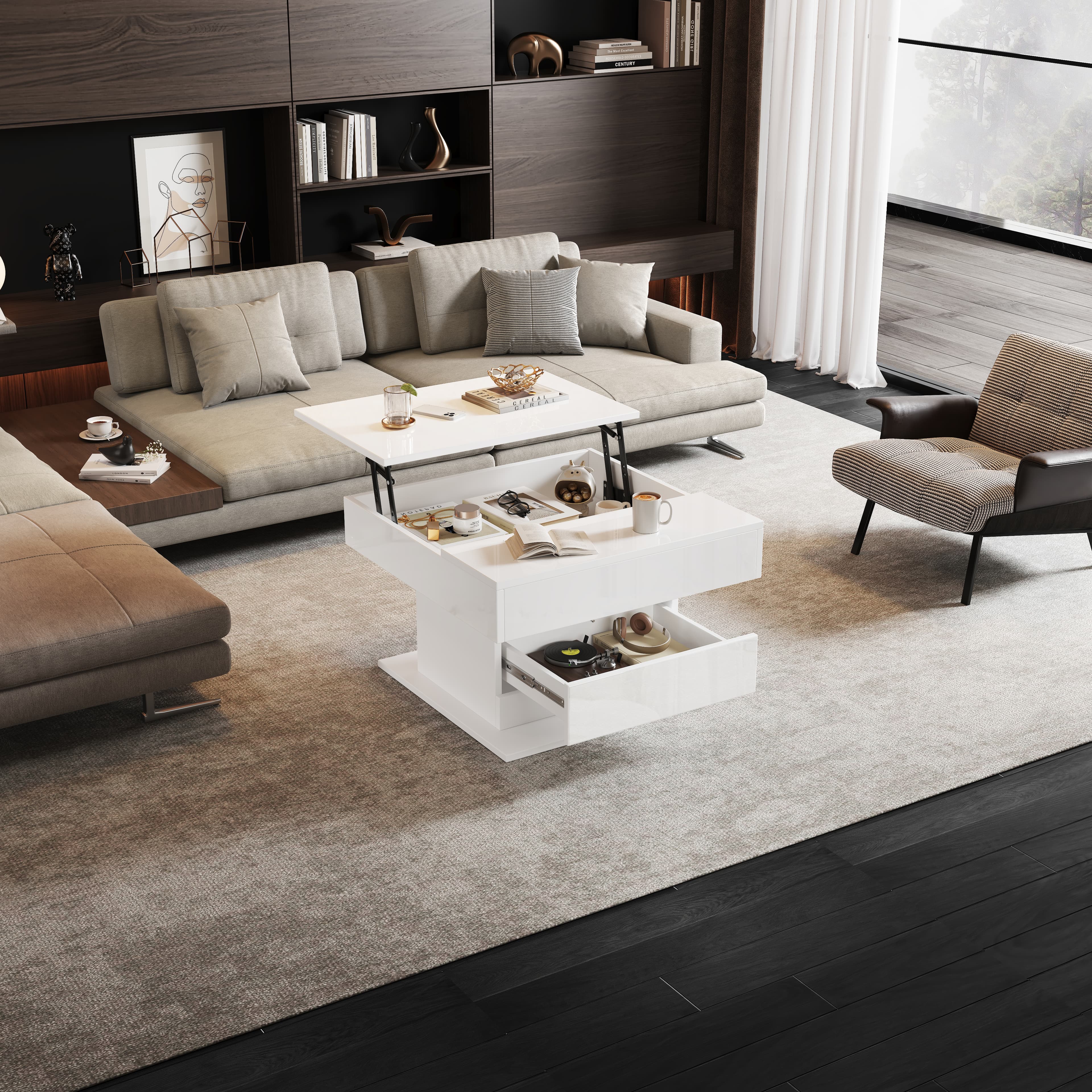 Modern 360° Rotating & Lift-Top Coffee Table, White Gloss - image 5