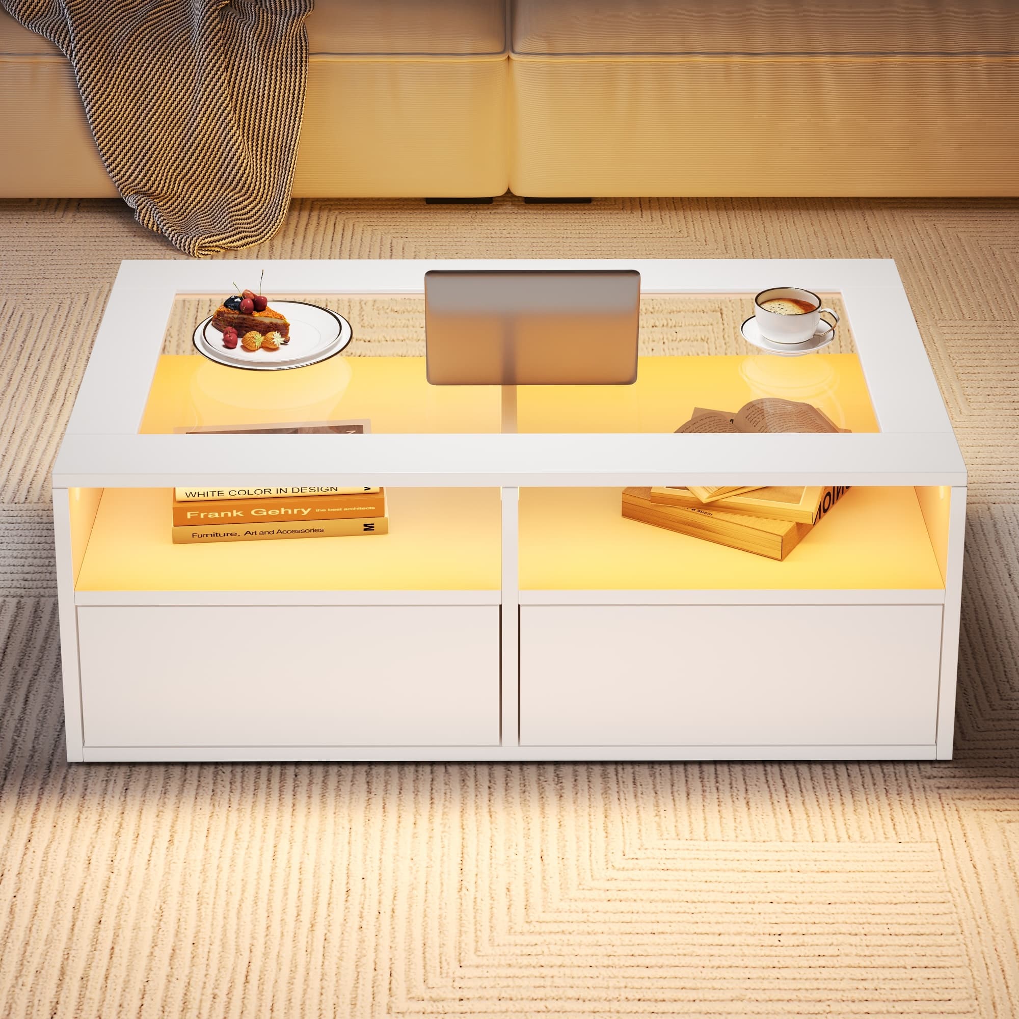 White Coffee Table with App-Controlled LED Lights and Storage - image 3