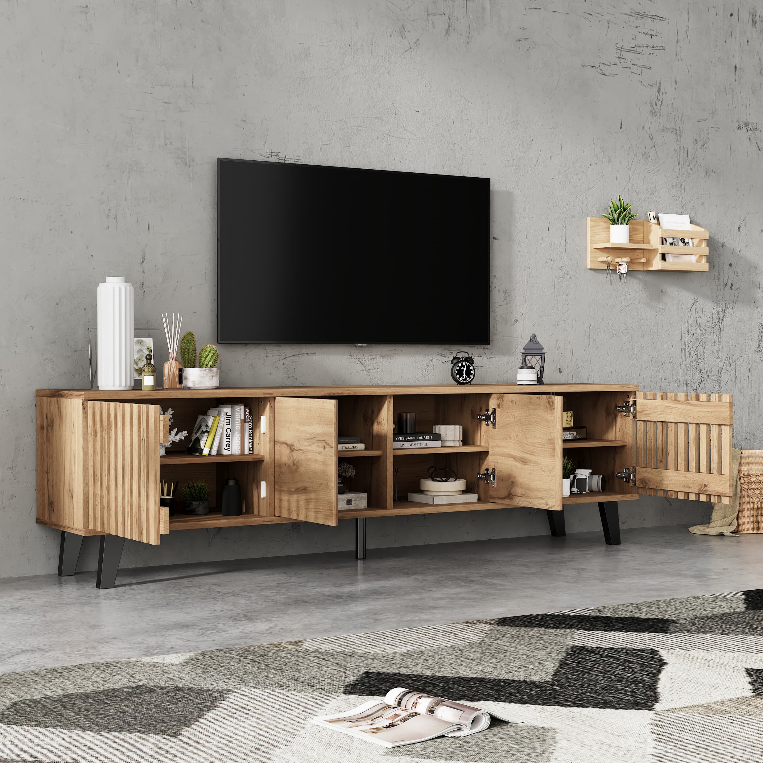 Vintage-Style TV Stand in Wood Finish, 180cm - image 2