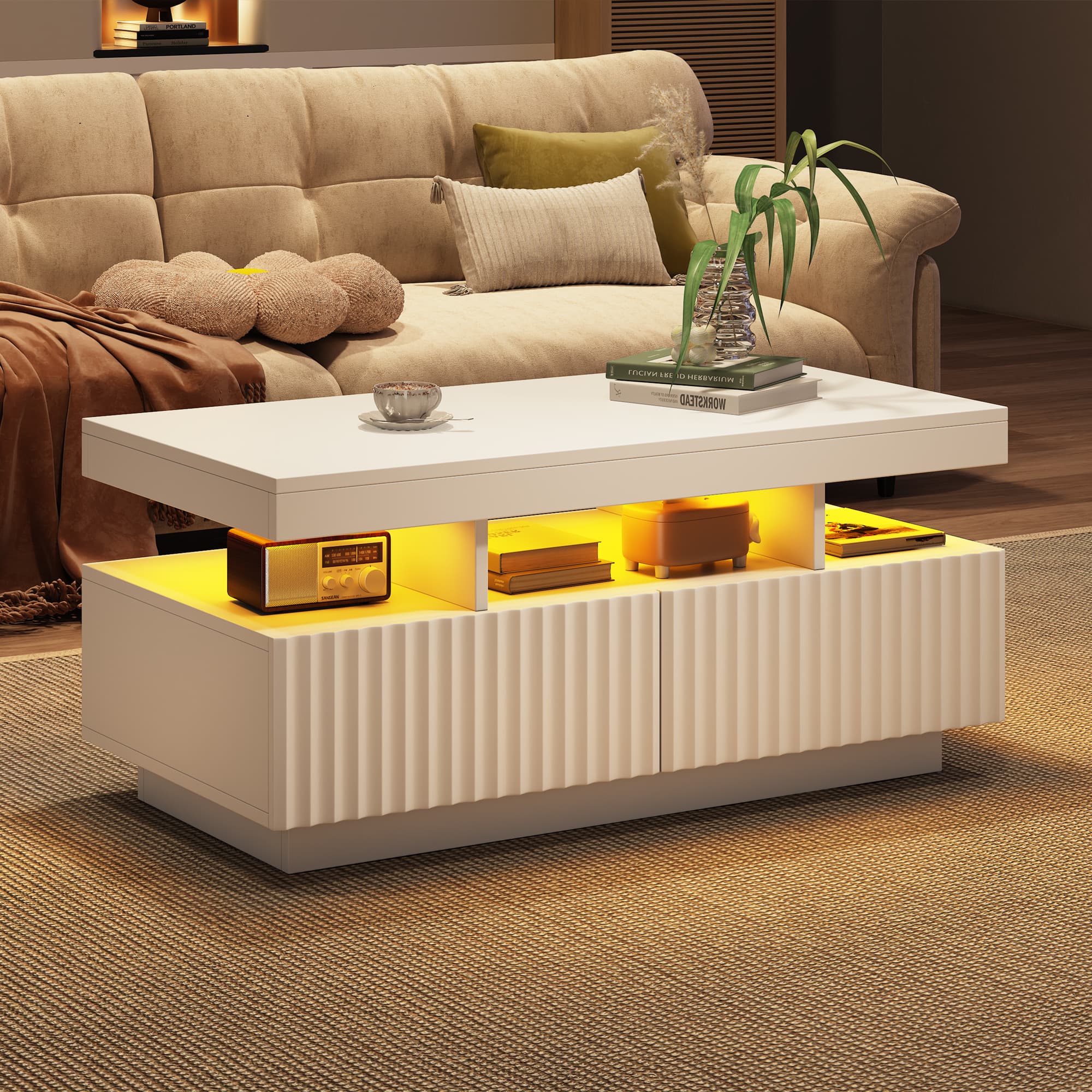 White Coffee Table with Ambient LED Lighting and Storage - image 5