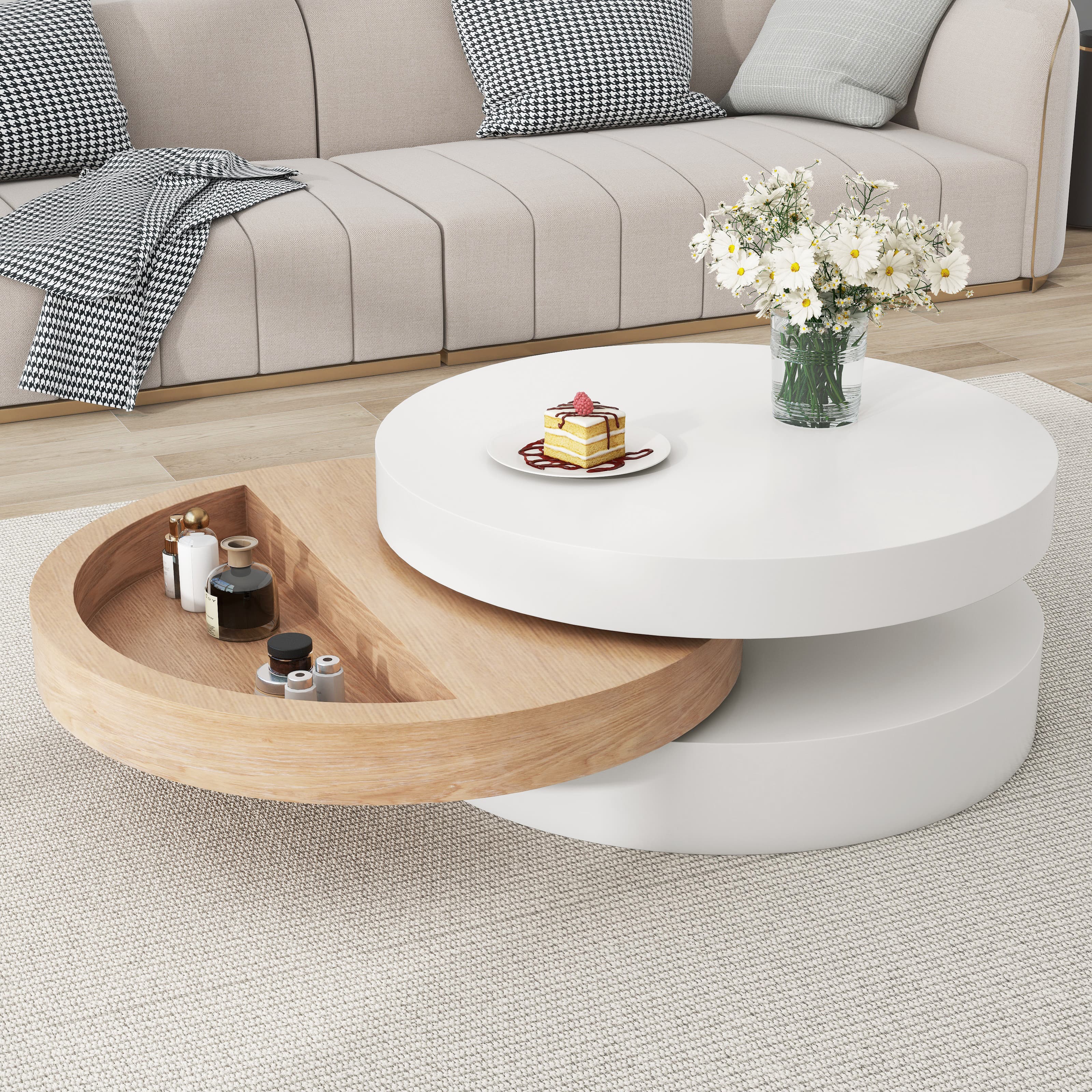 Modern Rotating Coffee Table, Round in White and Wood Finish - image 3