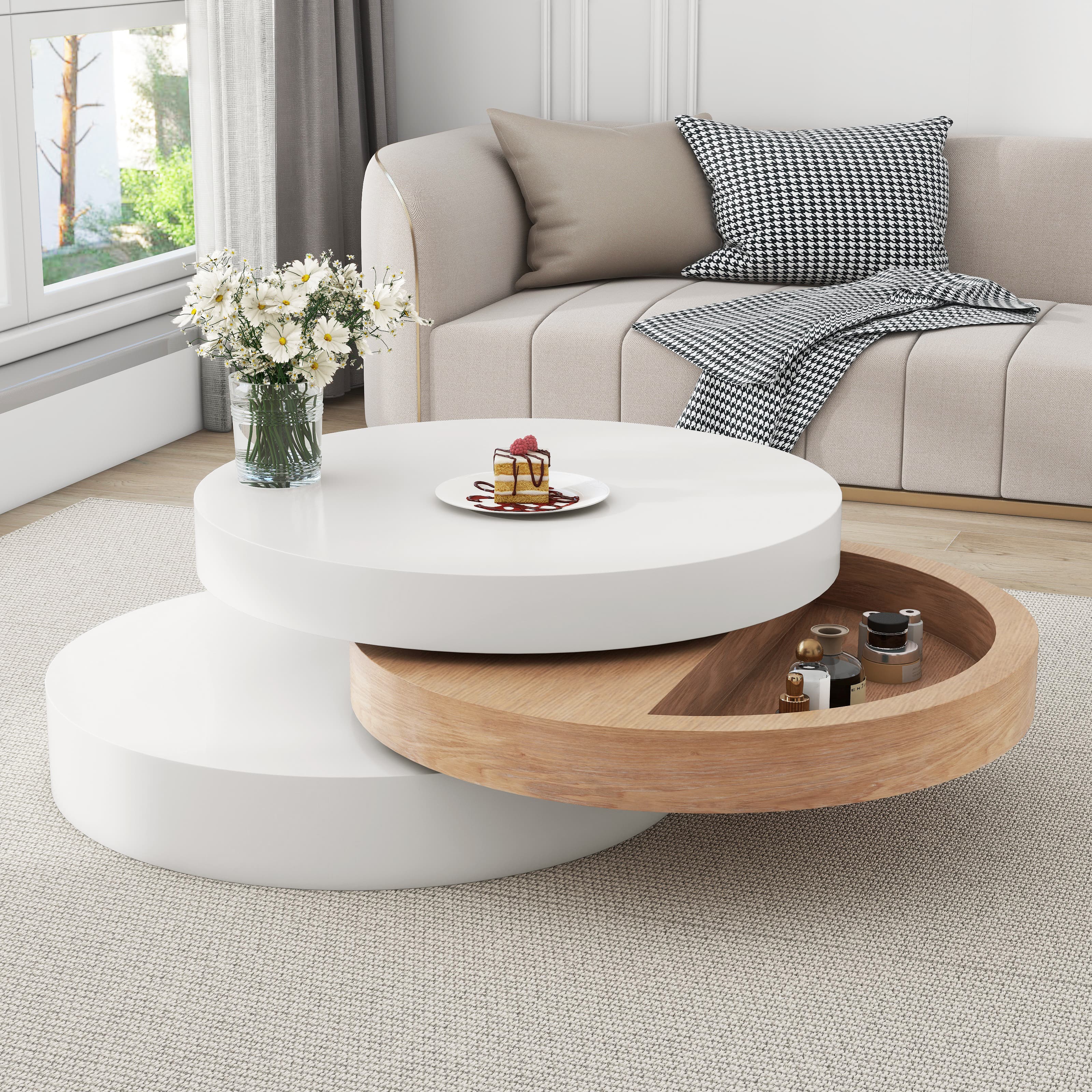 Modern Rotating Coffee Table, Round in White and Wood Finish - White Wood