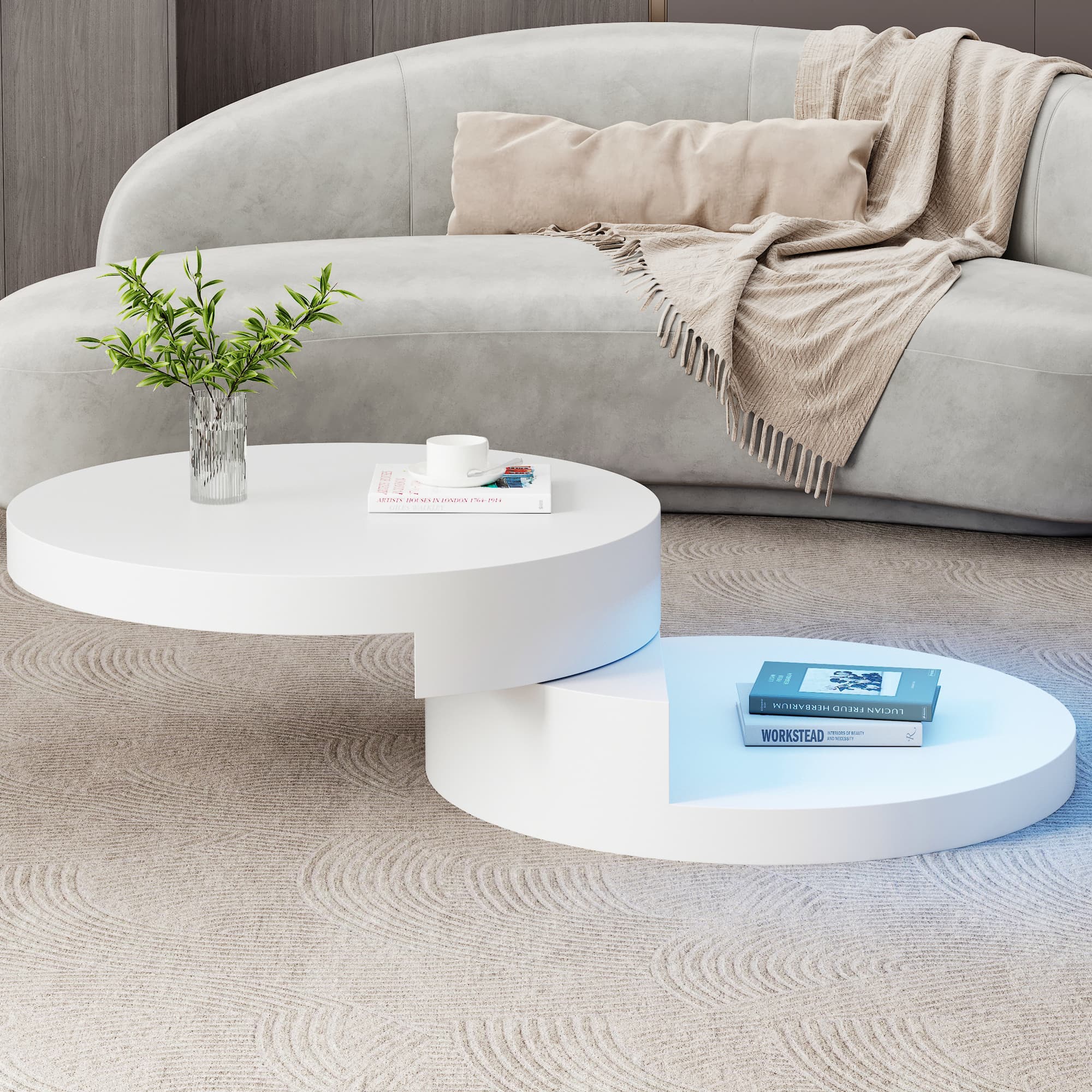 White Rotating Round Coffee Table with LED Lighting - image 5