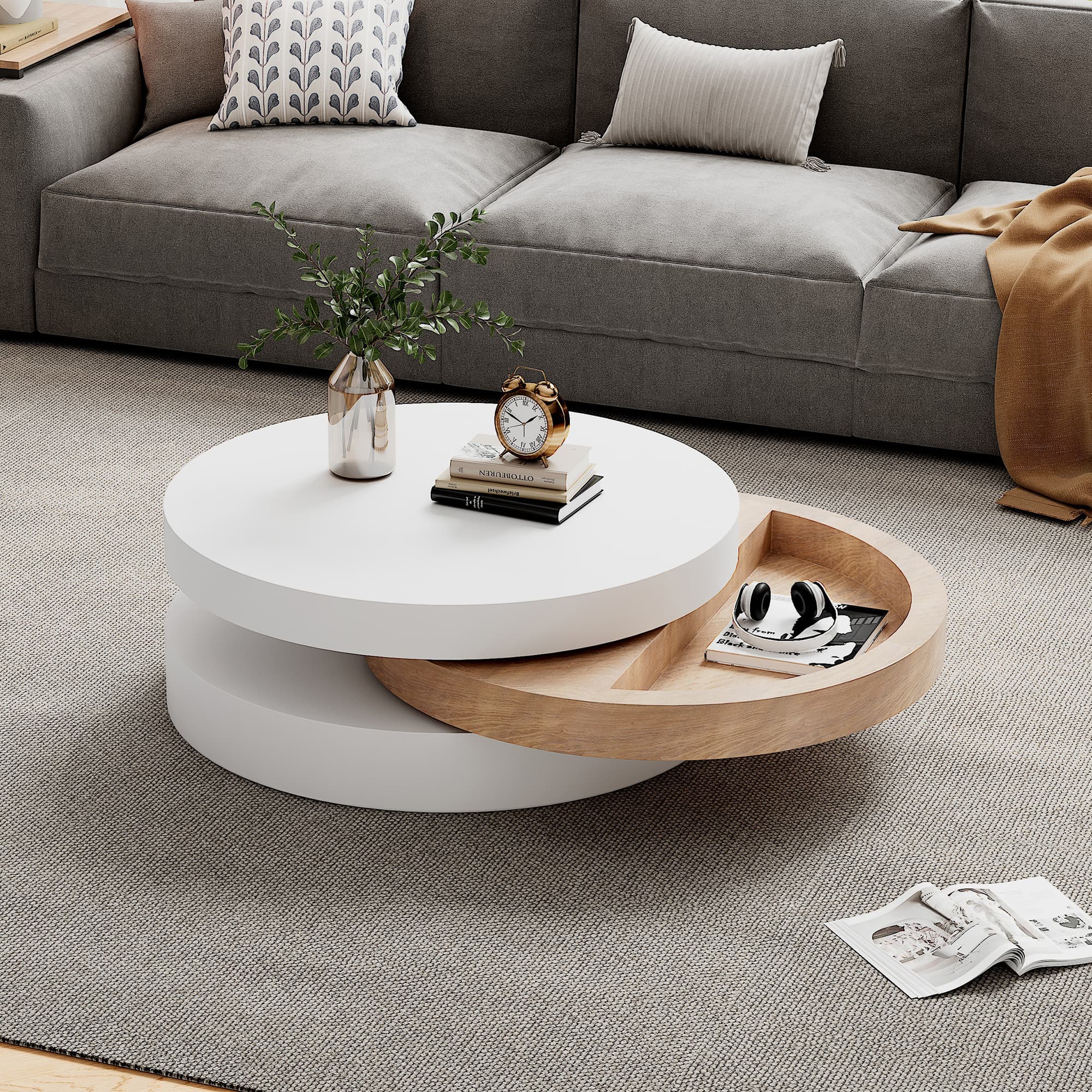 Modern Rotating Coffee Table, Round in White and Wood Finish - image 1