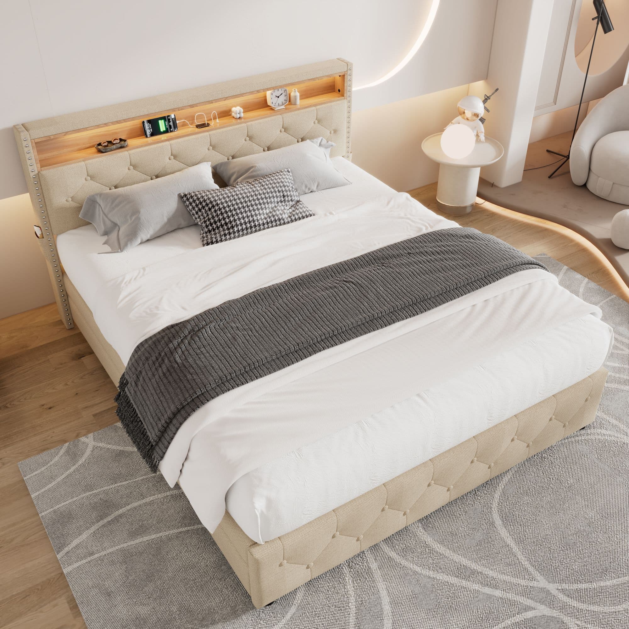 Beige Linen Upholstered Double Bed with Storage & LED Headboard - image 3