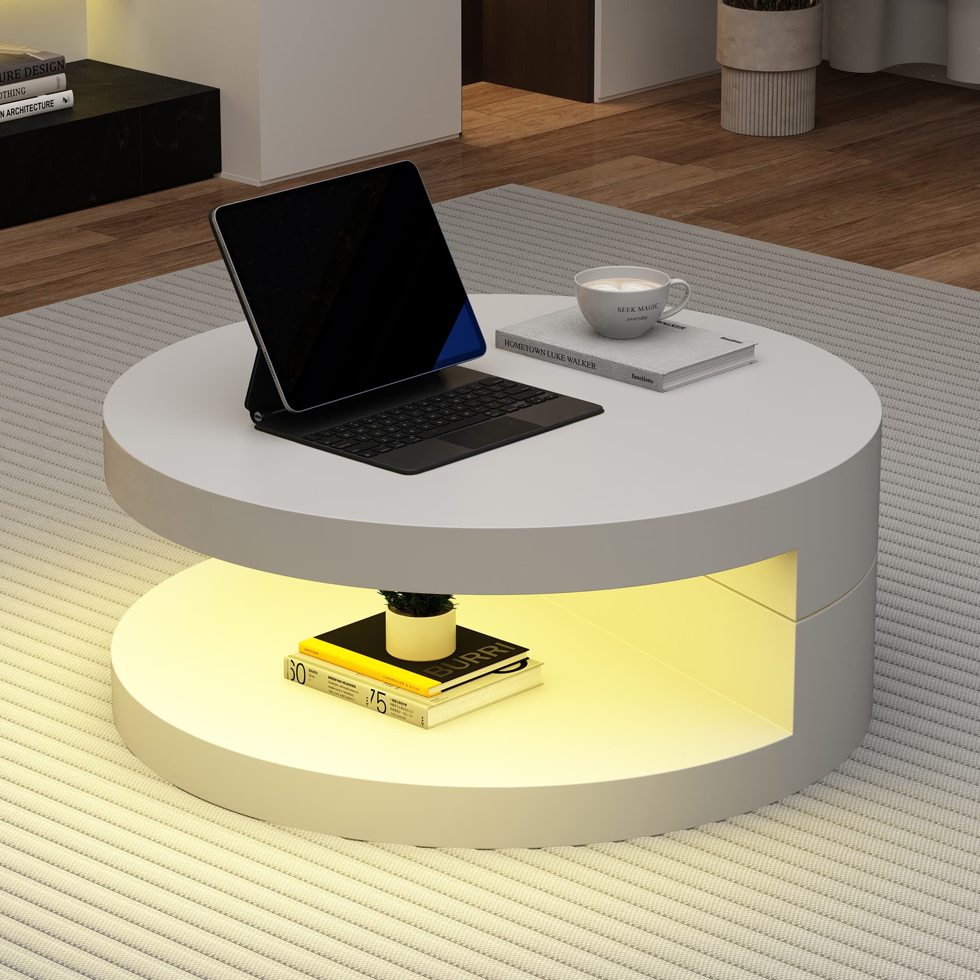White Rotating Round Coffee Table with LED Lighting - image 1