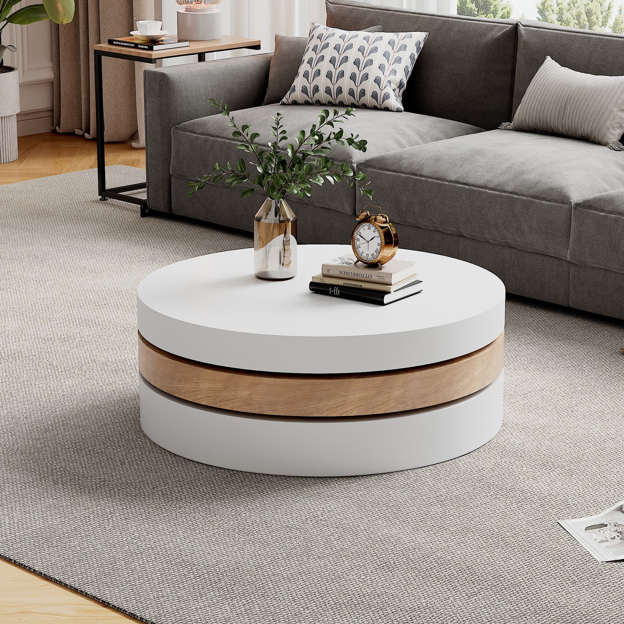 Modern Rotating Coffee Table, Round in White and Wood Finish - image 5