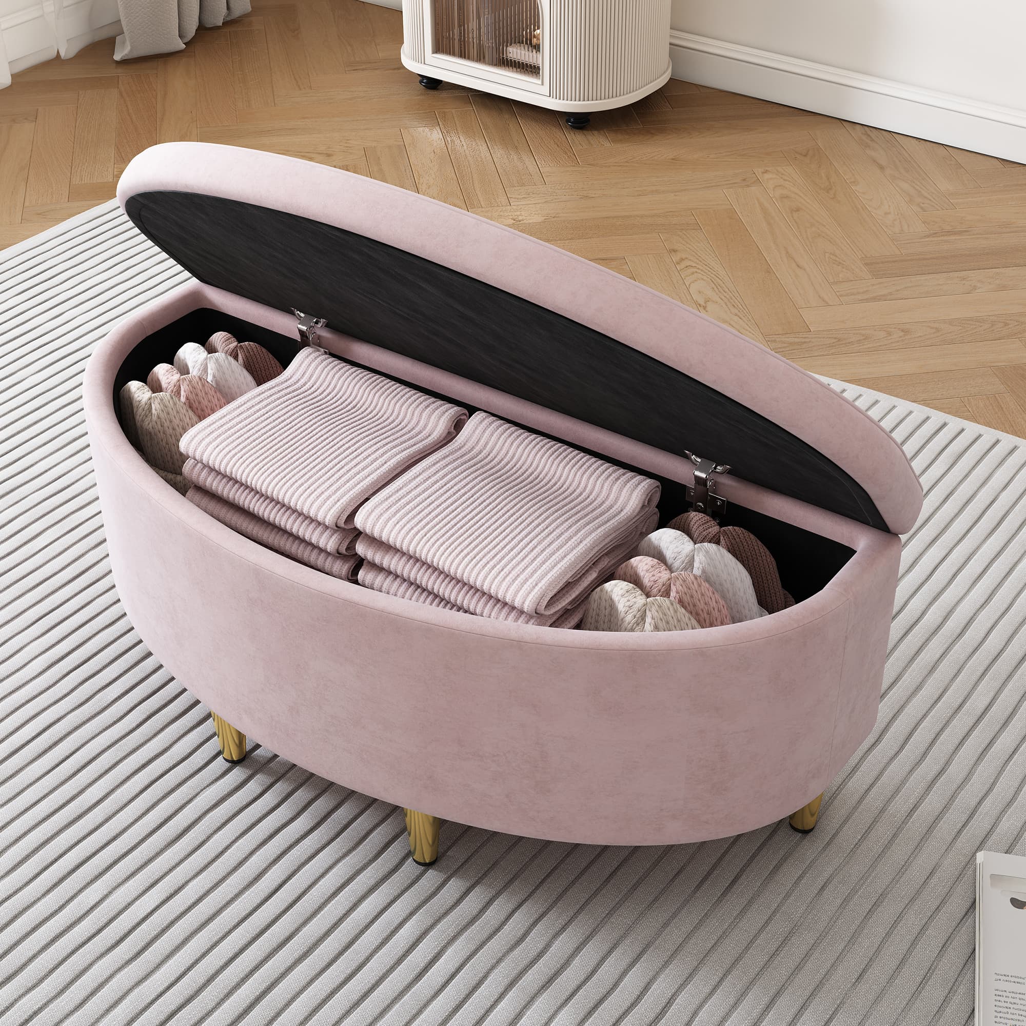 Upholstered Pink Velvet Storage Bench Ottoman