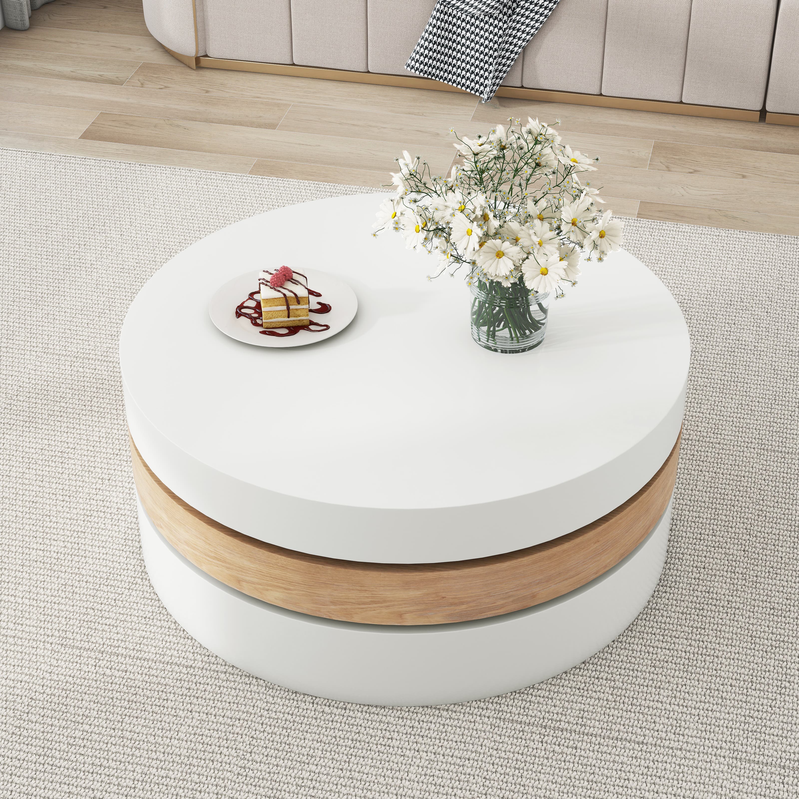 Modern Rotating Coffee Table, Round in White and Wood Finish - image 2