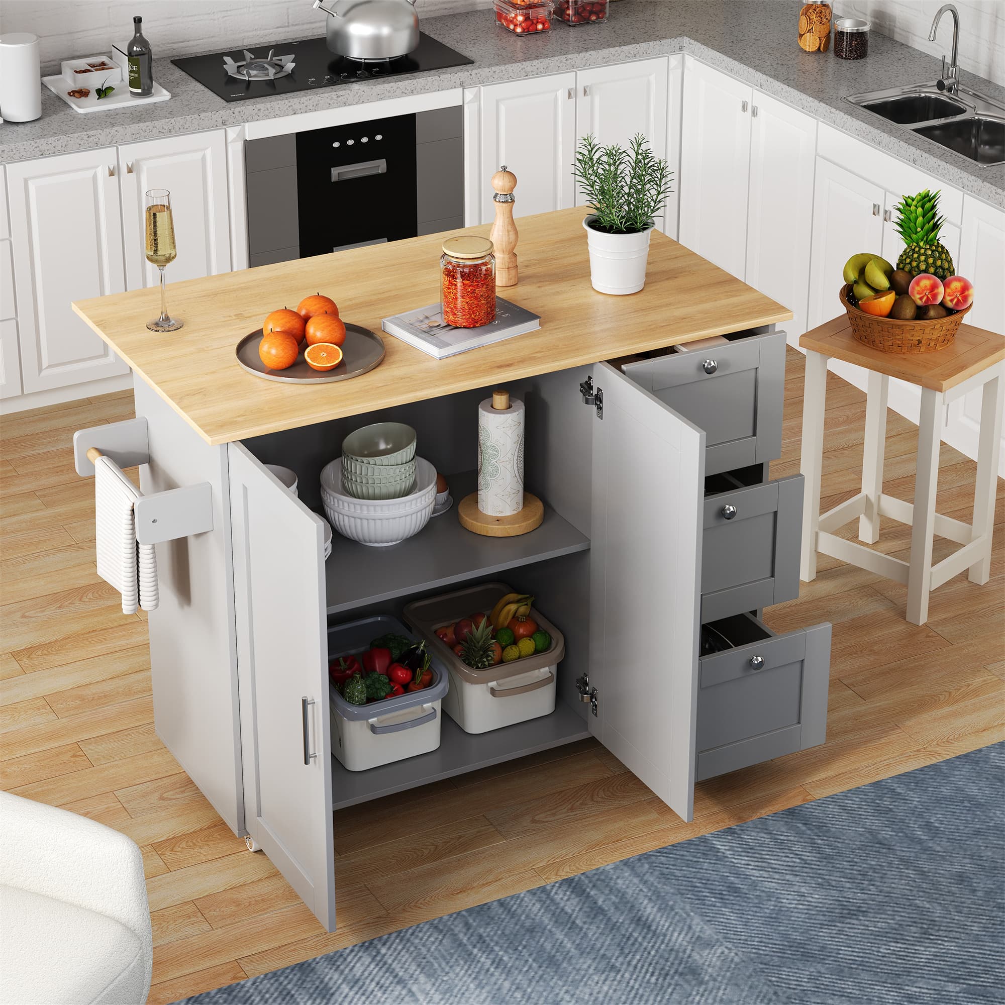 Grey Kitchen Island on Wheels with Drop-Leaf Top & Storage