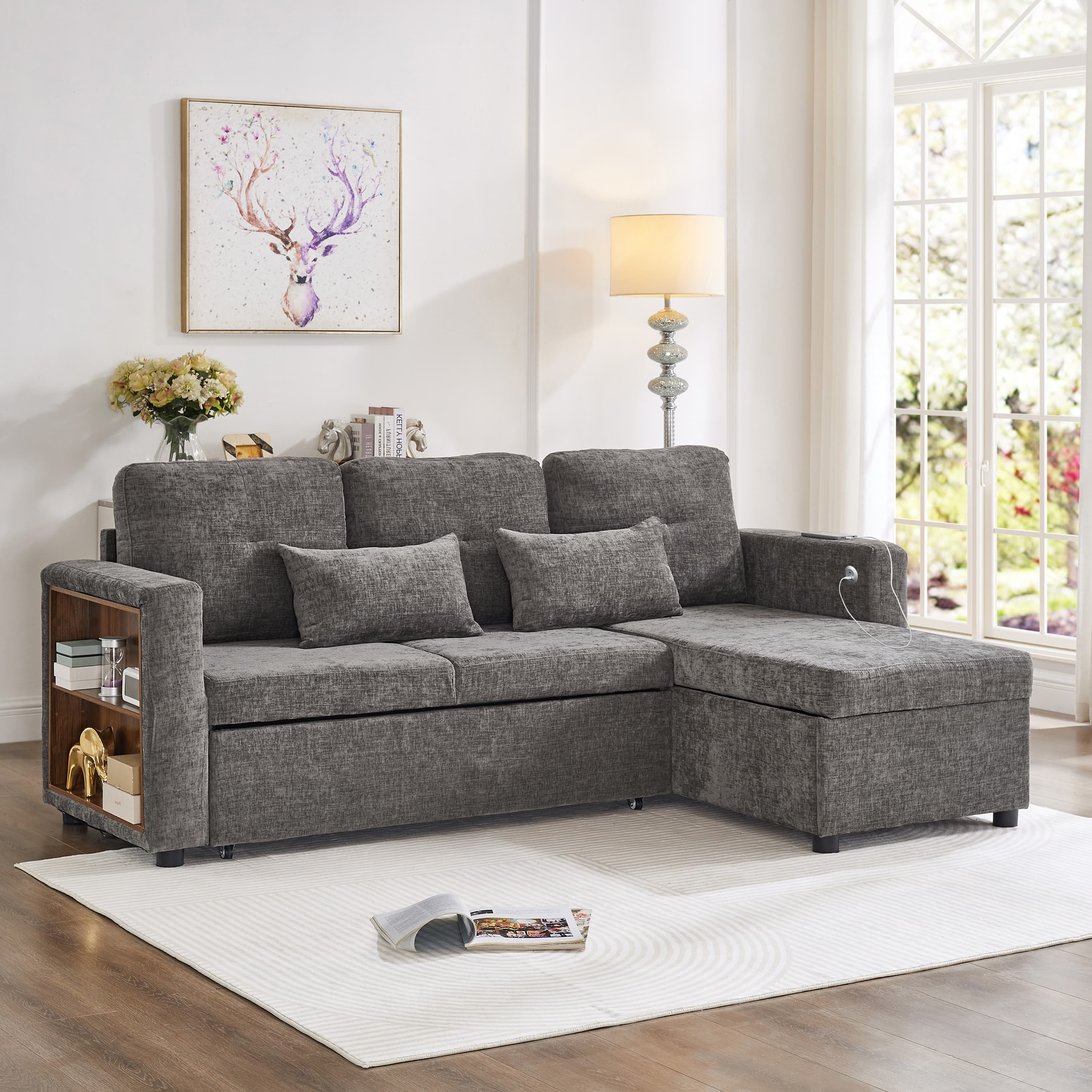 Grey Chenille Corner Sofa Bed with Storage and Integrated USB Charging - image 2