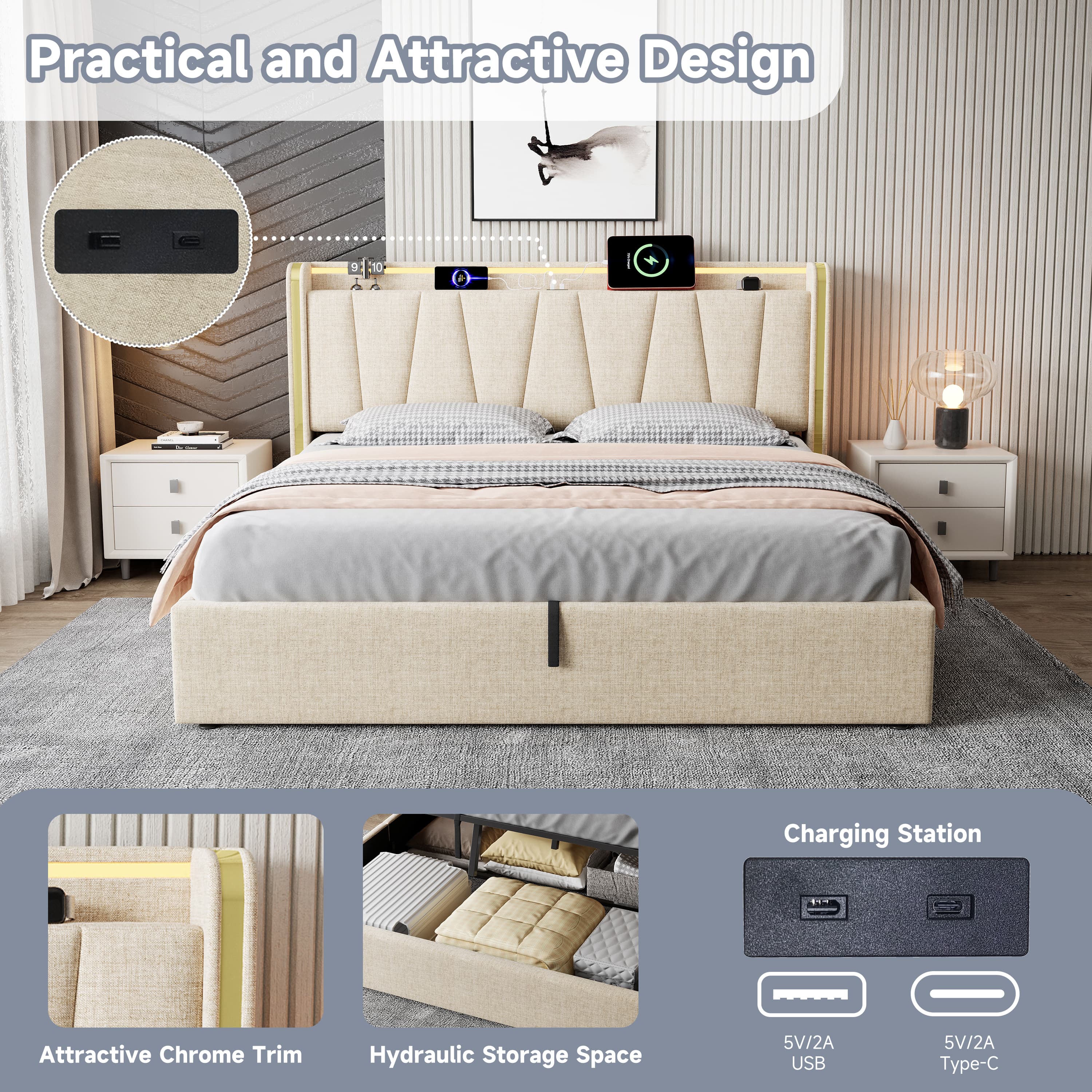 Upholstered King Size Ottoman Bed with Hydraulic Storage, LED & USB Ports - image 3