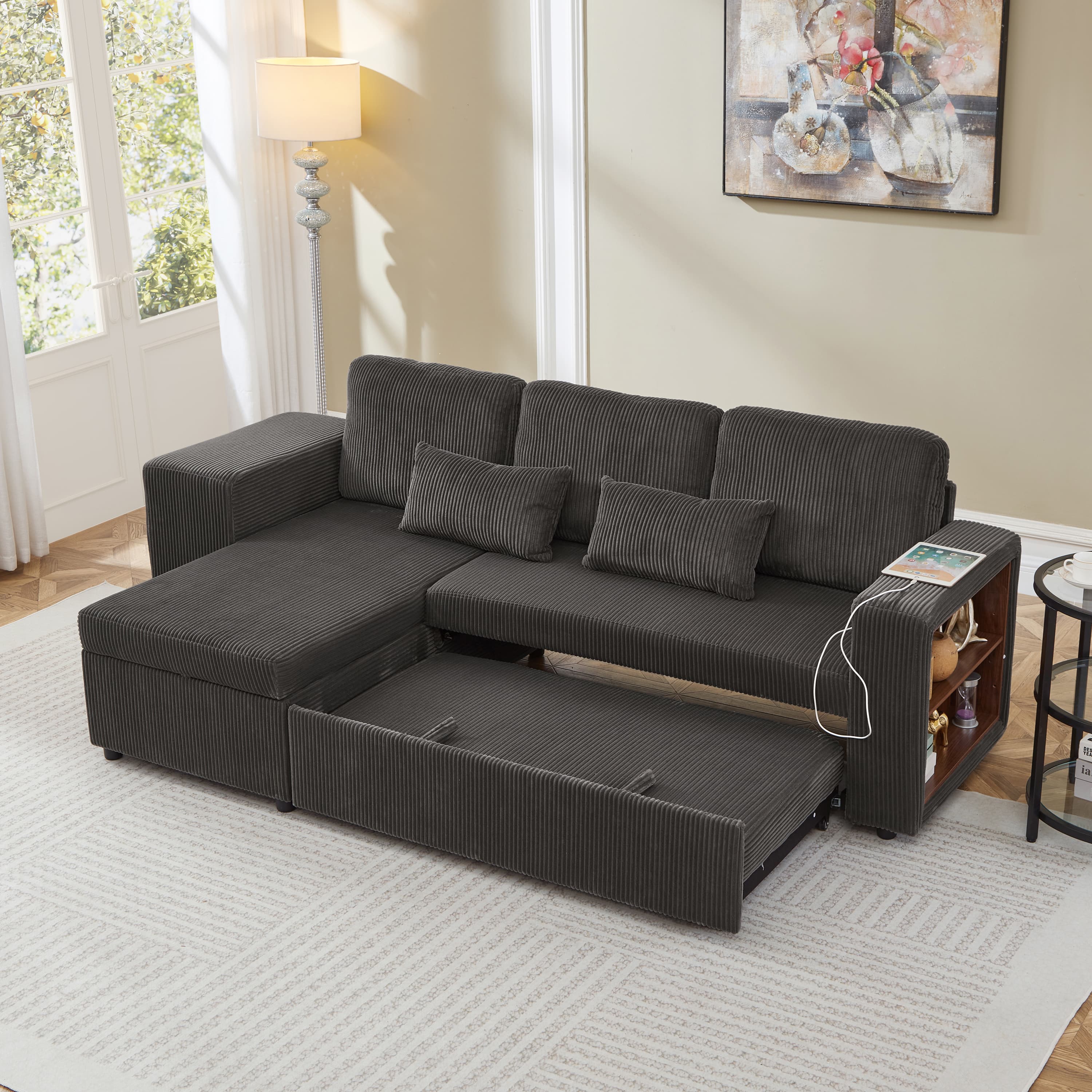 Modern Convertible L-Shaped Sofa Bed with Storage Chaise - image 3