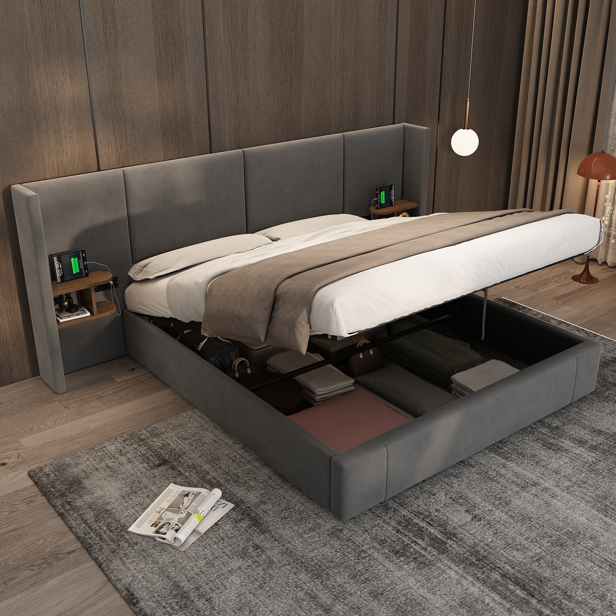 Upholstered King Size Ottoman Bed in Grey Velvet with USB Ports & Sockets - image 4