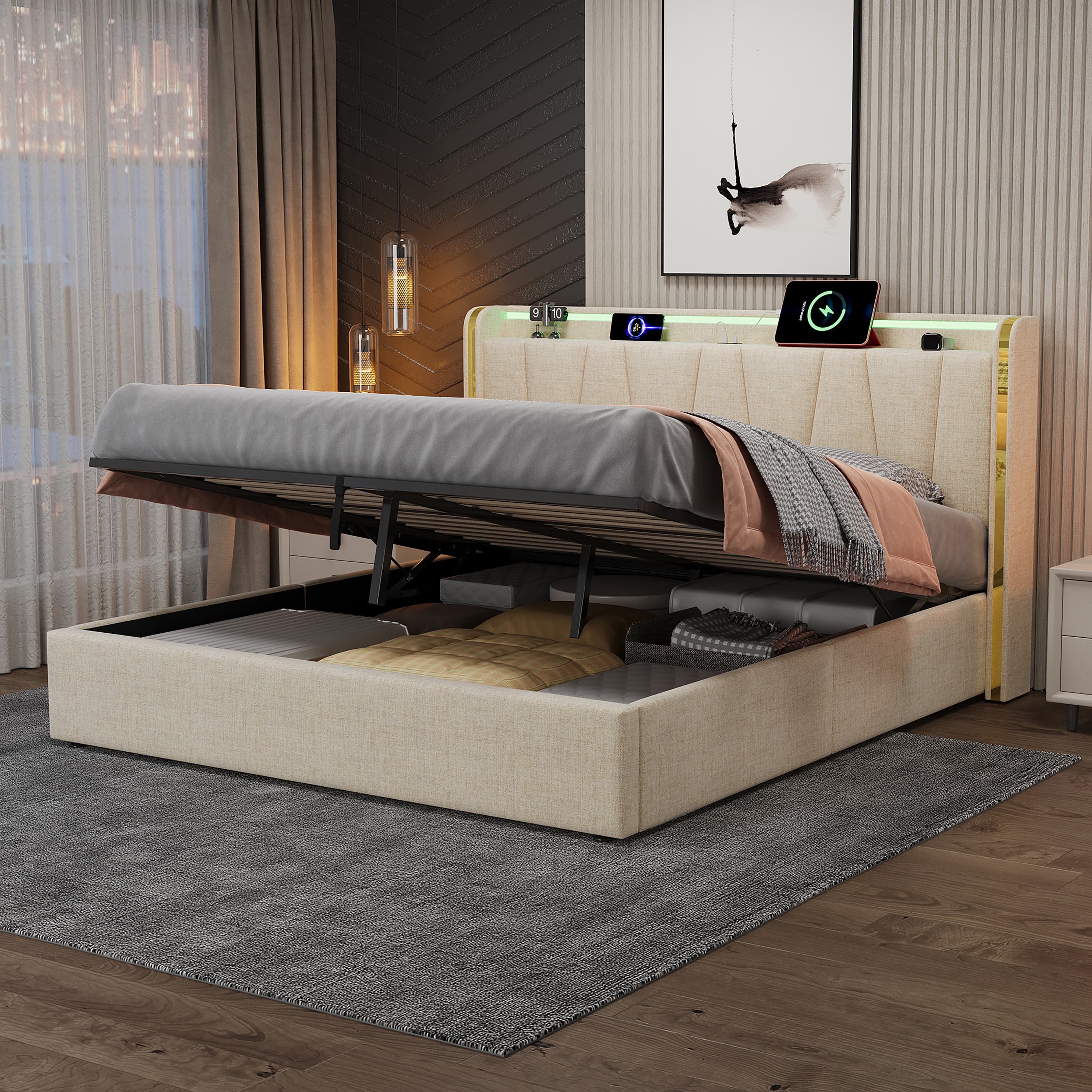 Upholstered King Size Ottoman Bed with Hydraulic Storage, LED & USB Ports - image 4